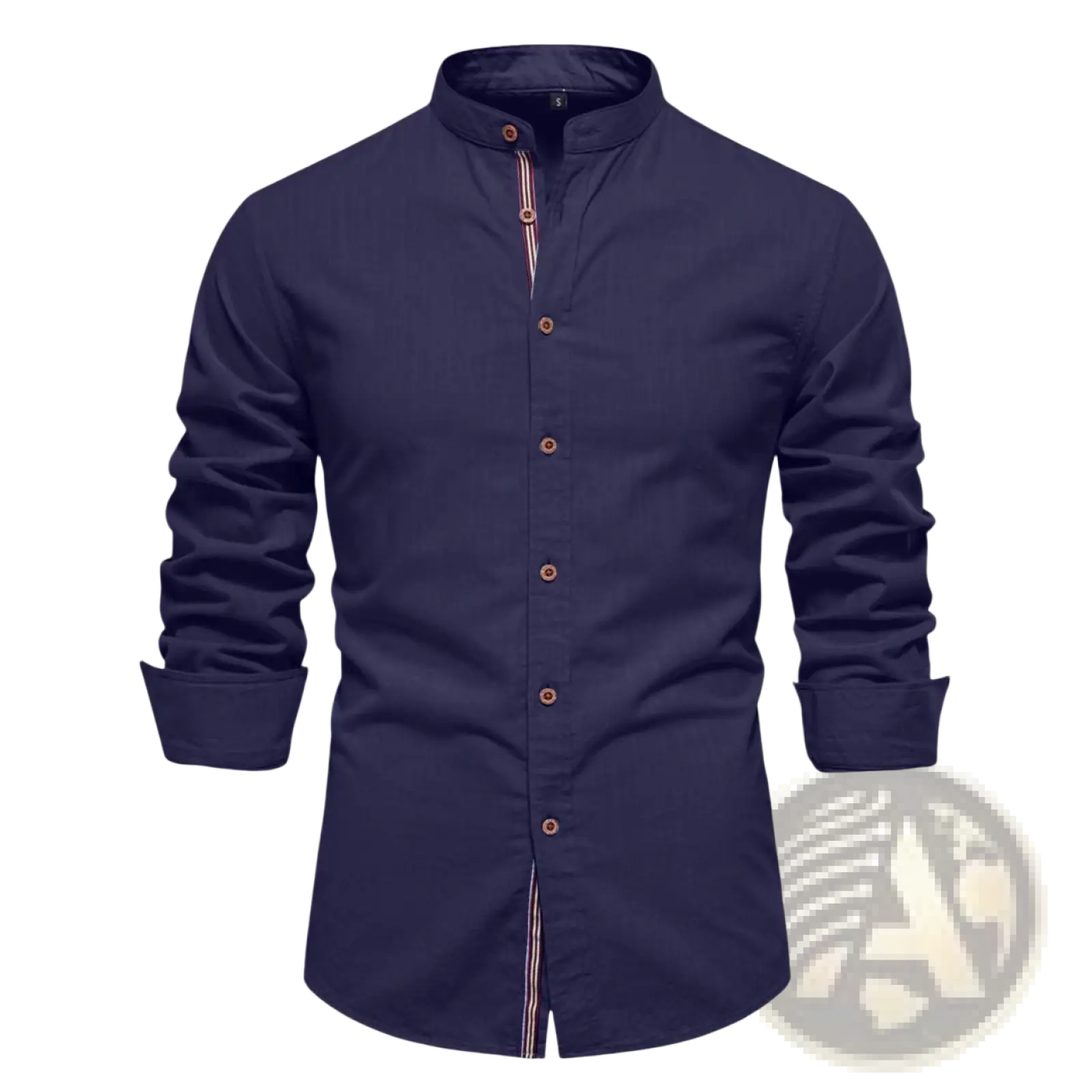 Men’s slim fit navy blue linen blend mandarin collar shirt with brown buttons and striped inner placket
