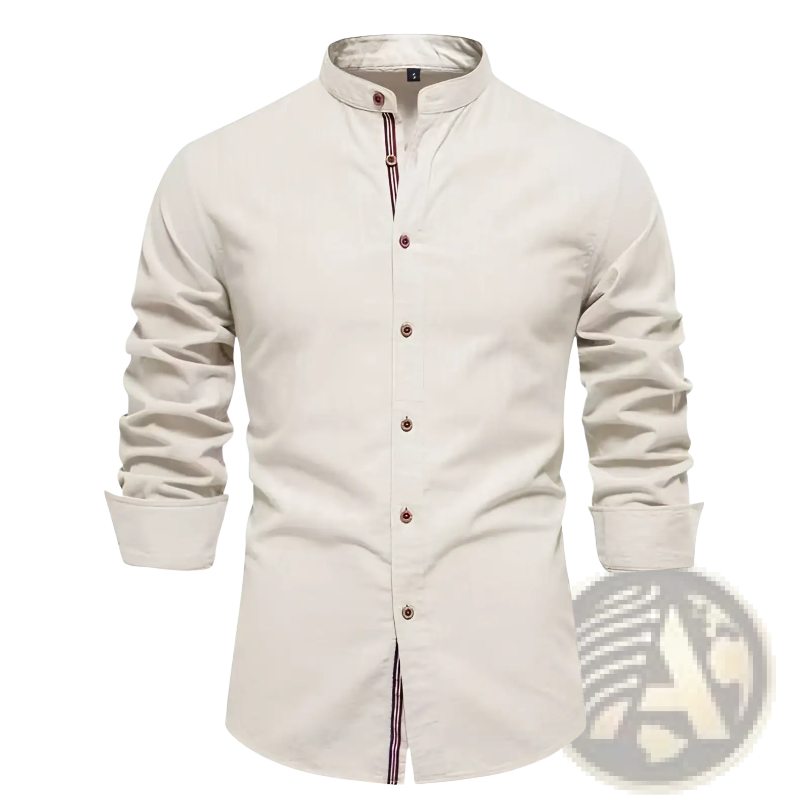 Men’s slim fit cream linen blend shirt with long sleeves mandarin collar and subtle striped placket trim