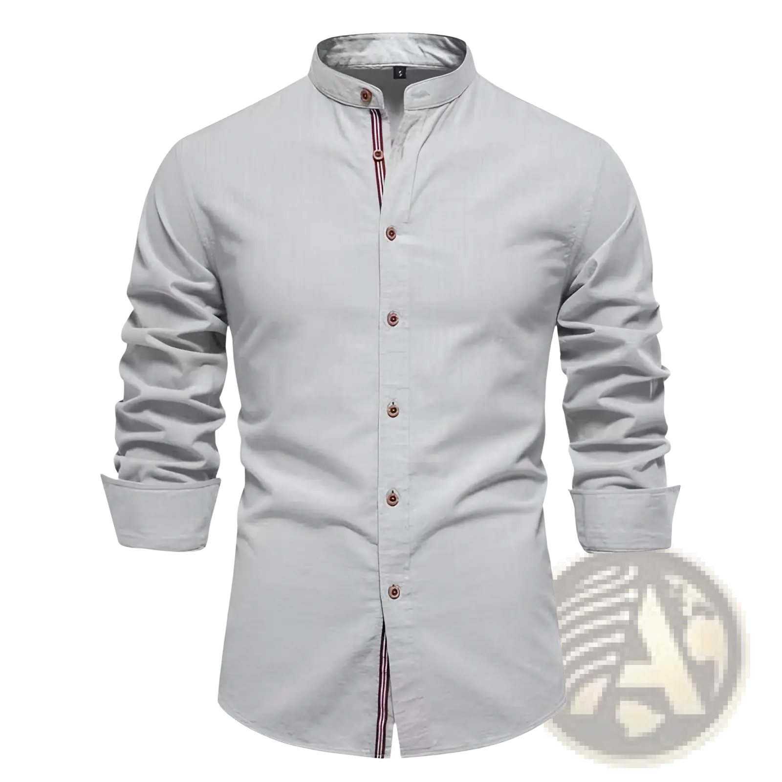 Men’s slim fit light gray linen blend long-sleeve shirt with mandarin collar and red white striped placket trim