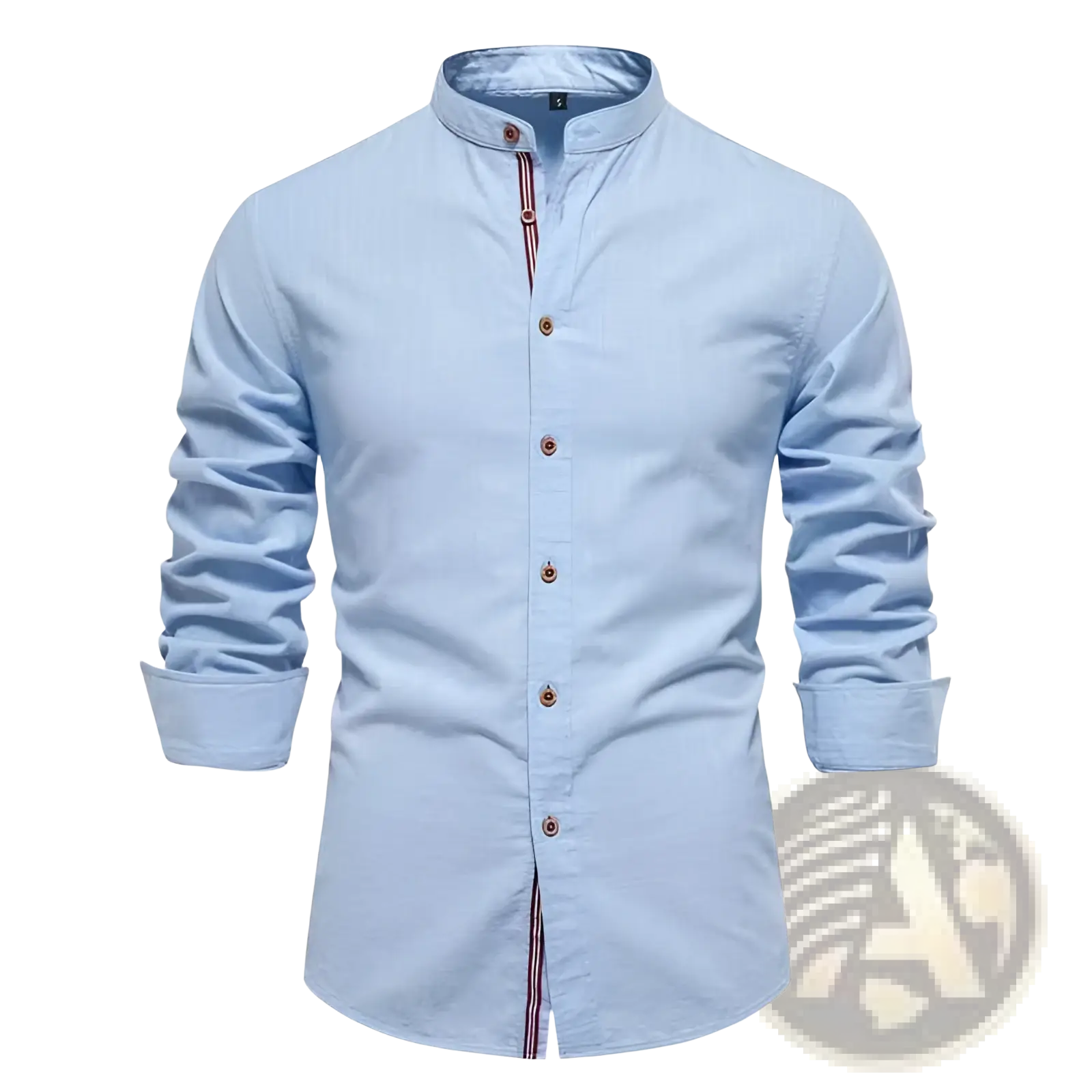 Men’s slim fit linen blend shirt in light blue with mandarin collar and subtle striped trim along the placket