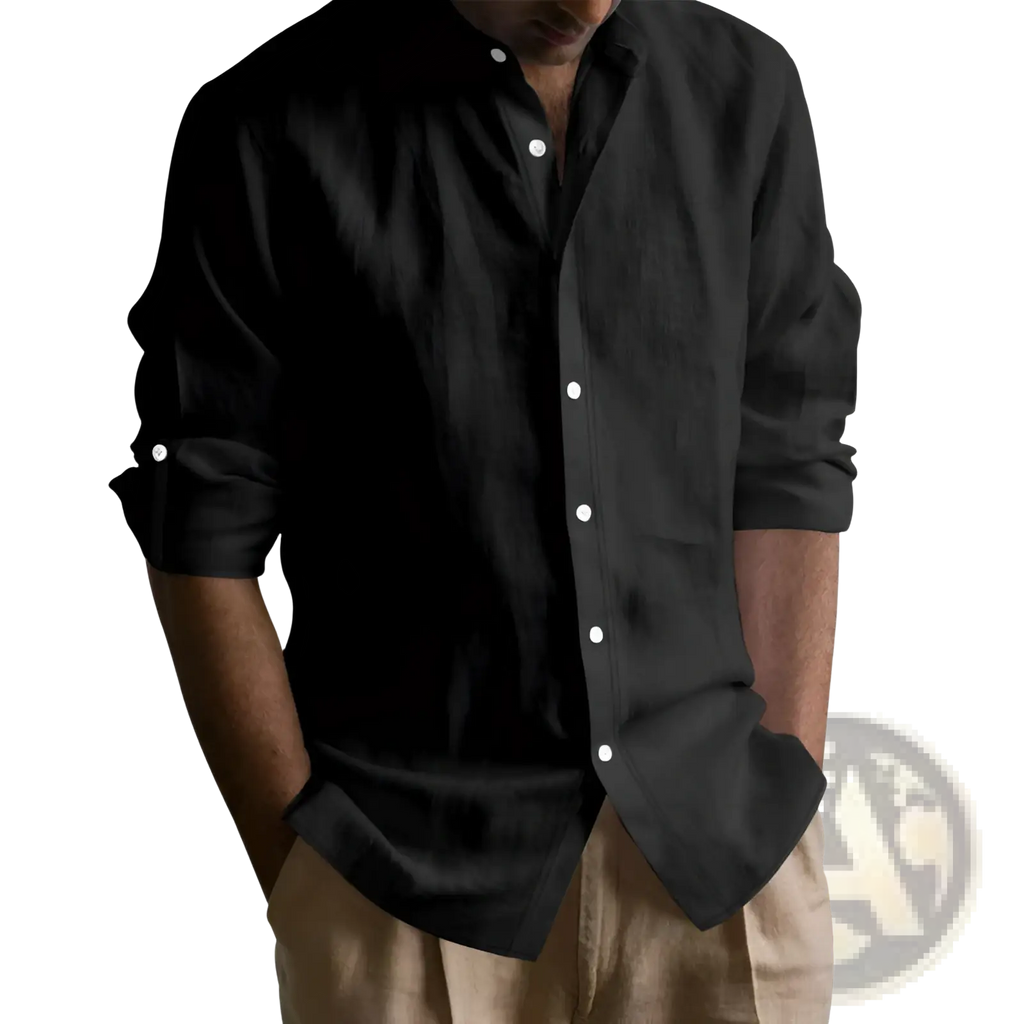 Men’s slim fit black linen blend button-down shirt with rolled-up sleeves and white buttons