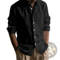 Men’s slim fit black linen blend button-down shirt with rolled-up sleeves and white buttons