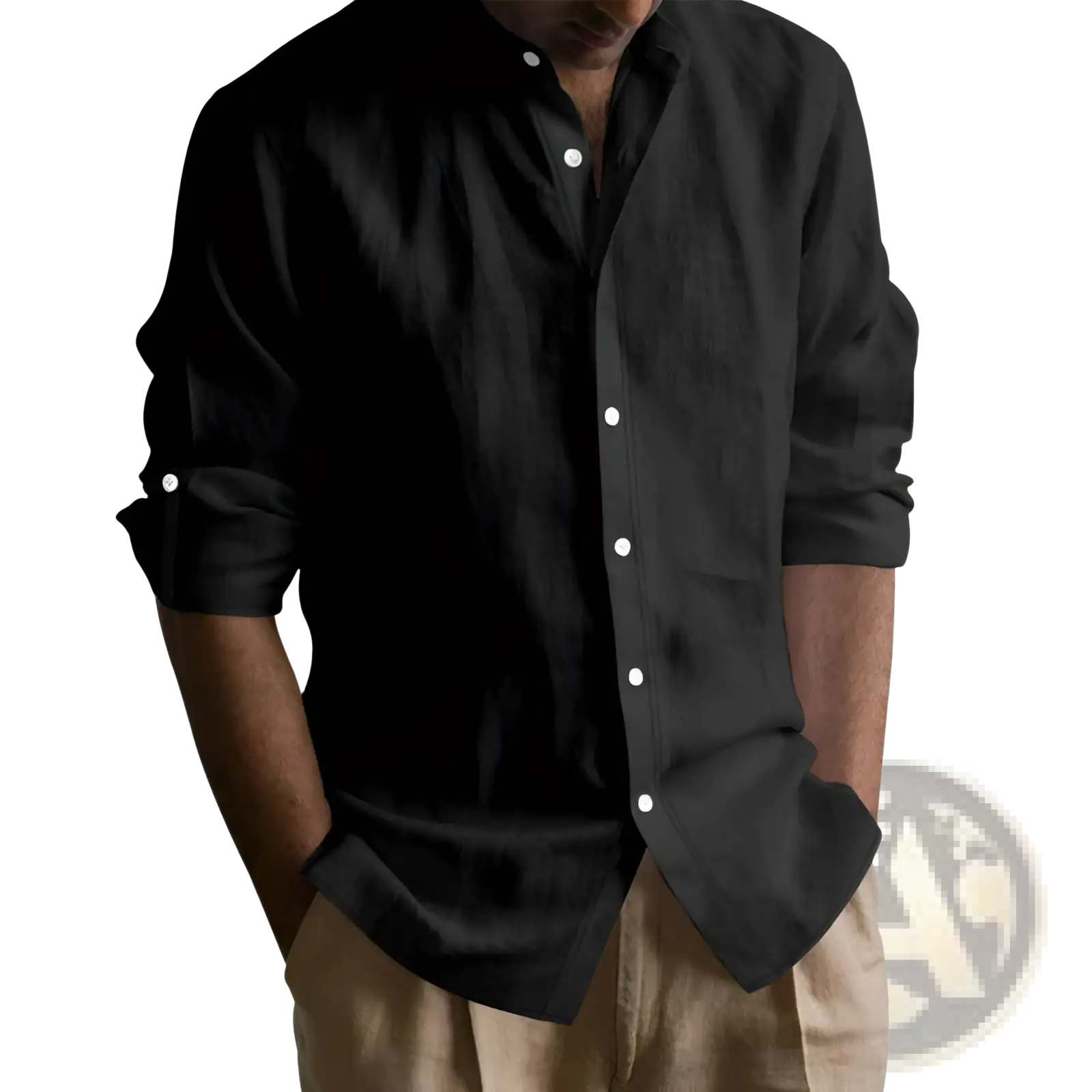 Men’s slim fit black linen blend button-down shirt with rolled-up sleeves and white buttons