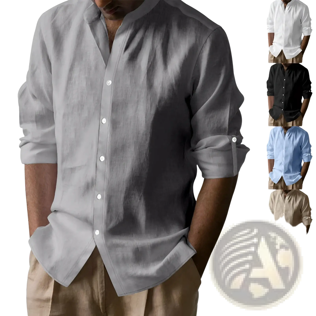 Men’s slim fit light gray linen blend button-down shirt with rolled-up sleeves and subtle textured weave
