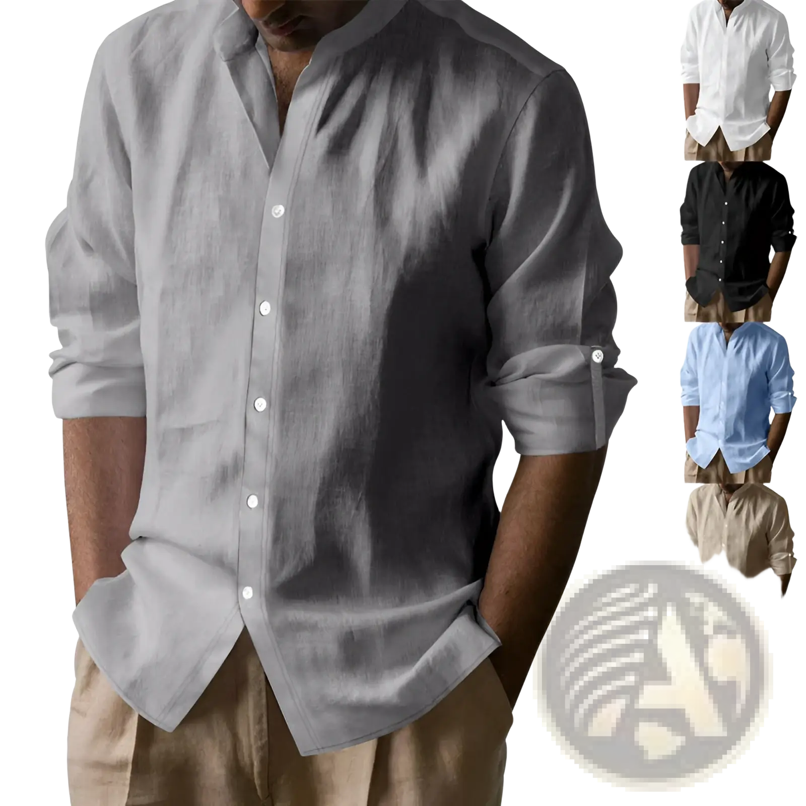 Men’s slim fit light gray linen blend button-down shirt with rolled-up sleeves and subtle textured weave