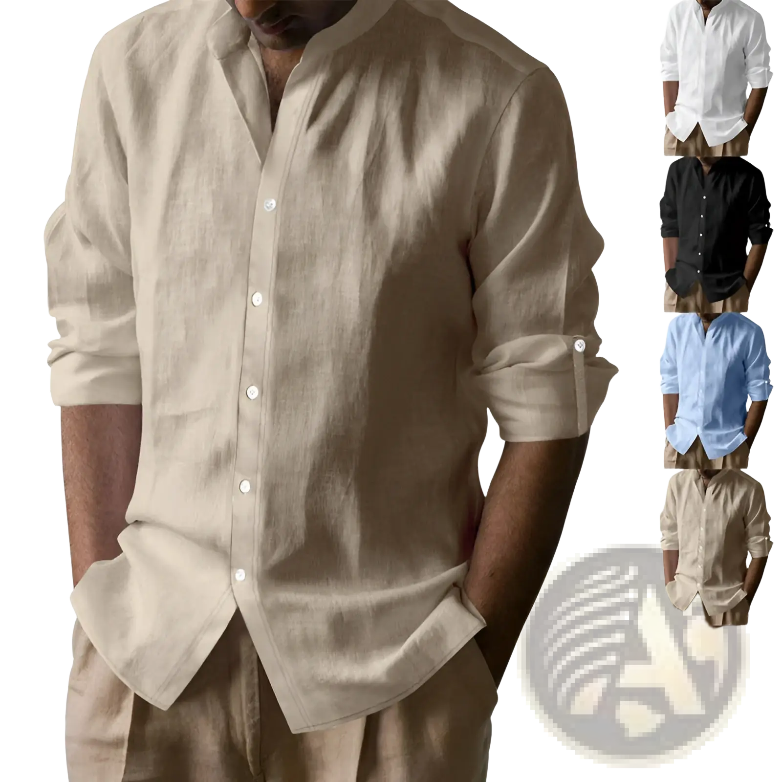 Beige linen blend button-down shirt with rolled sleeves and relaxed fit for men slim fit long sleeve wear