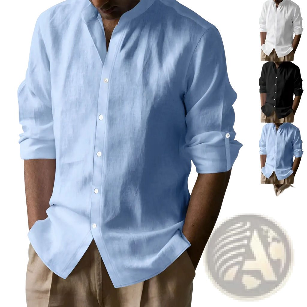 Men’s slim fit light blue linen blend button-down shirt with rolled-up sleeves and subtle texture