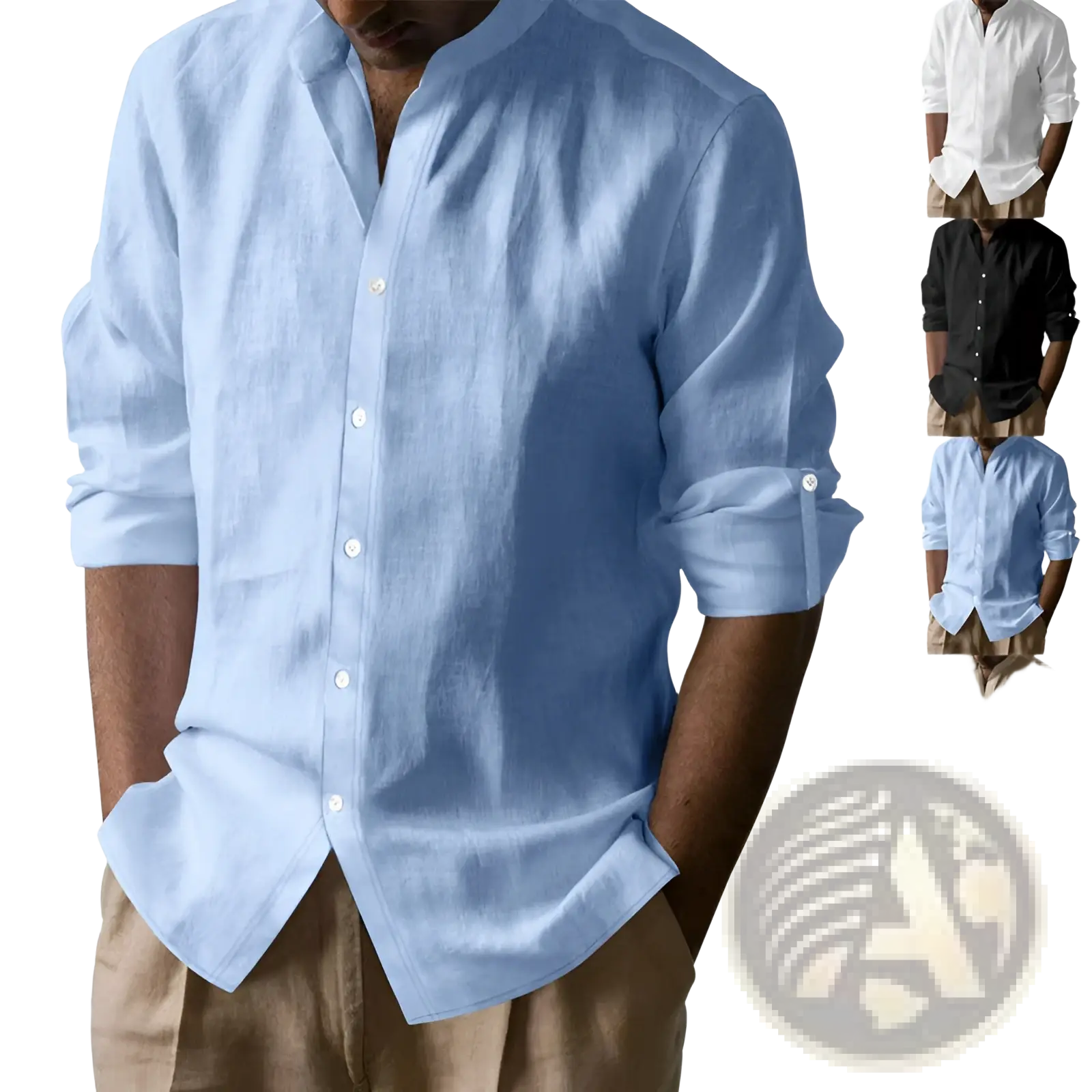 Men’s slim fit light blue linen blend button-down shirt with rolled-up sleeves and subtle texture