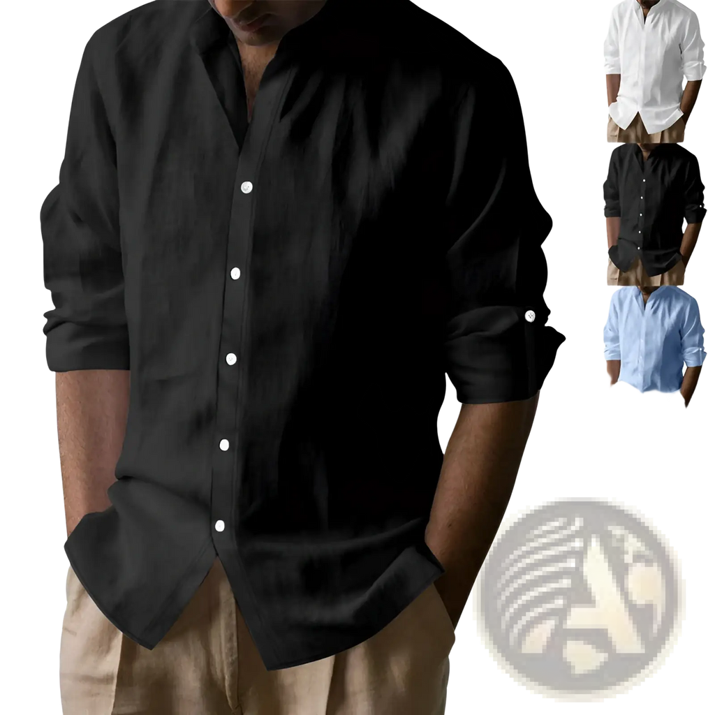 Men’s slim fit black linen blend button-down shirt with rolled sleeves and white buttons in long sleeve design