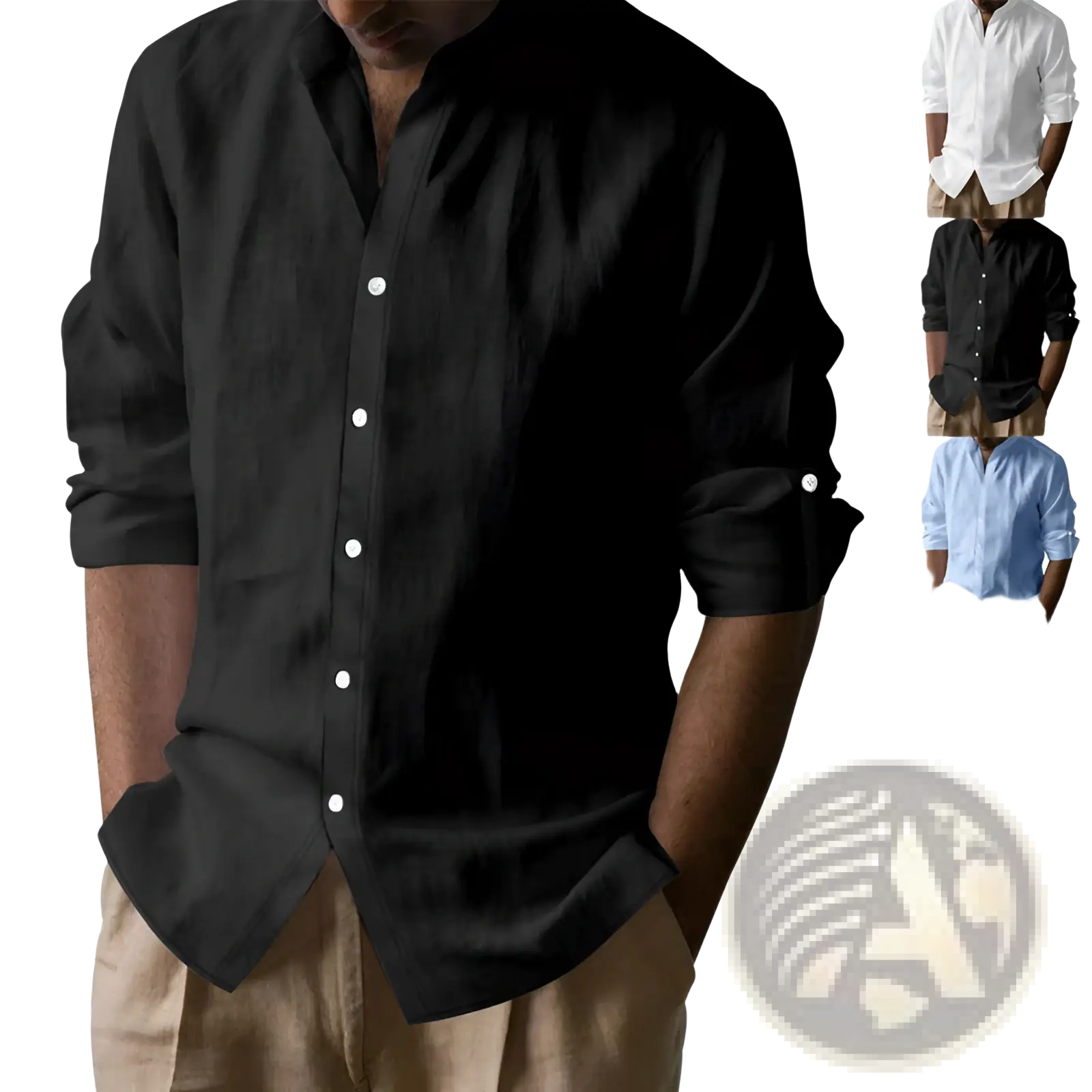 Men’s slim fit black linen blend button-down shirt with rolled sleeves and white buttons in long sleeve design