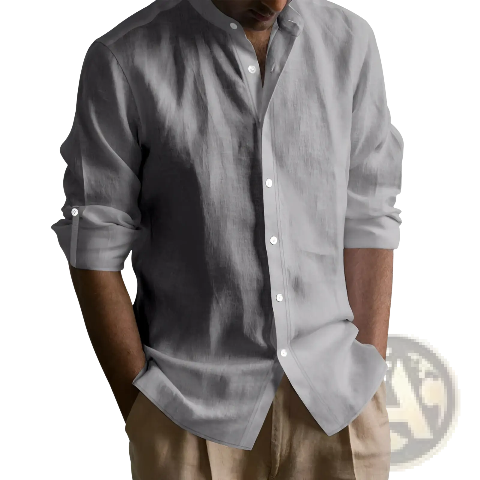 A light gray men’s slim fit linen blend long sleeve shirt with subtle textured weave and rolled cuffs