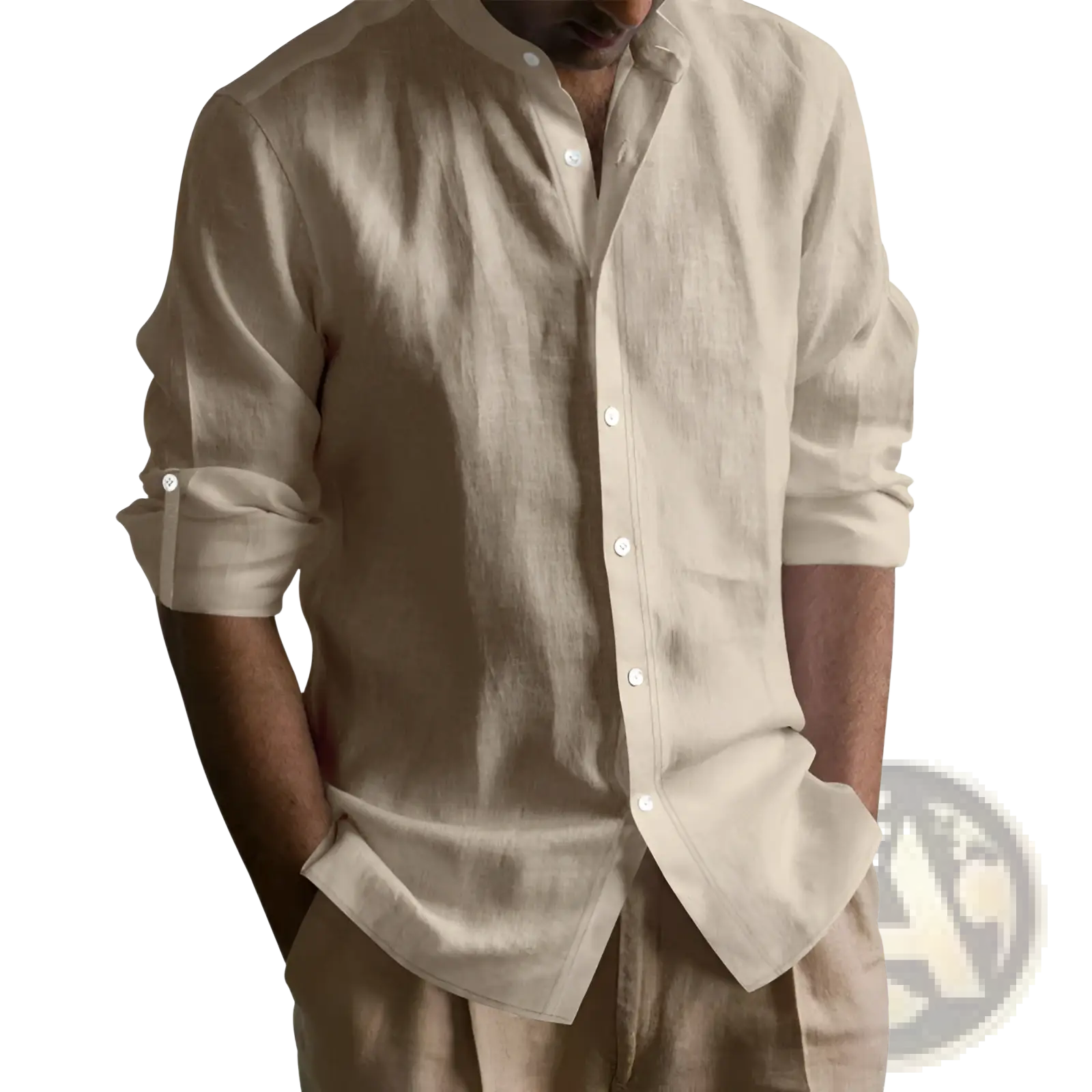 Men’s slim fit linen blend long sleeve shirt in beige with stand collar and rolled-up sleeves with subtle texture