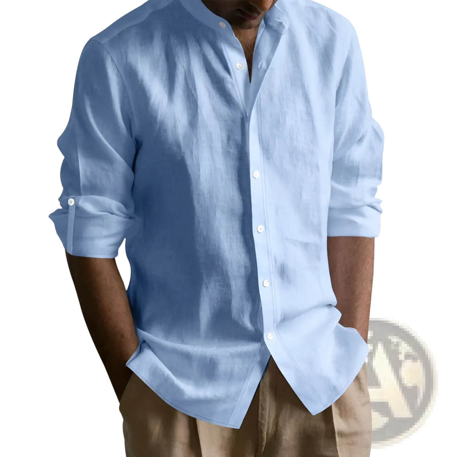 Men’s light blue slim fit linen blend button-down shirt with collar and rolled-up sleeves