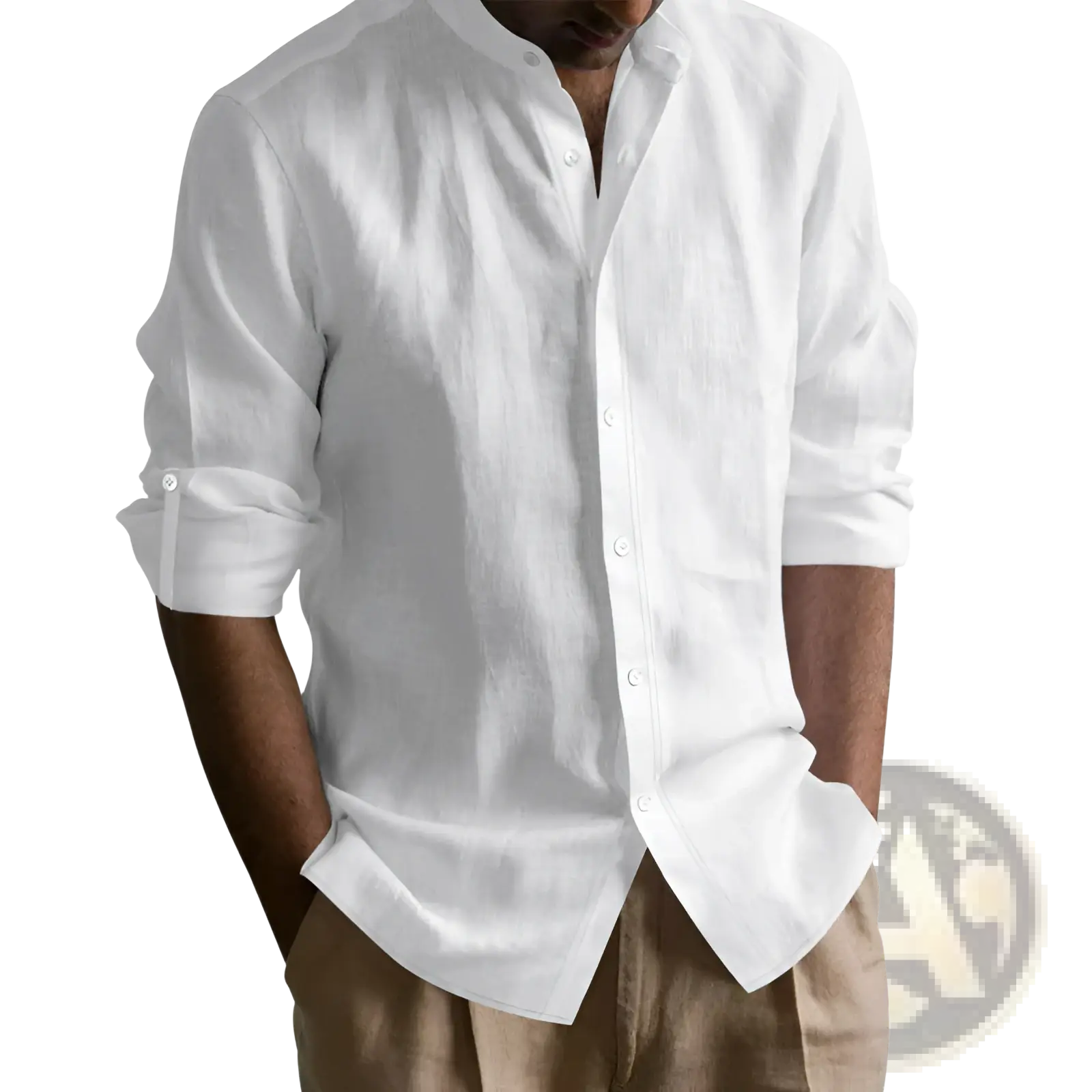 Men’s slim fit white linen blend button-down shirt with rolled-up sleeves and a classic collar
