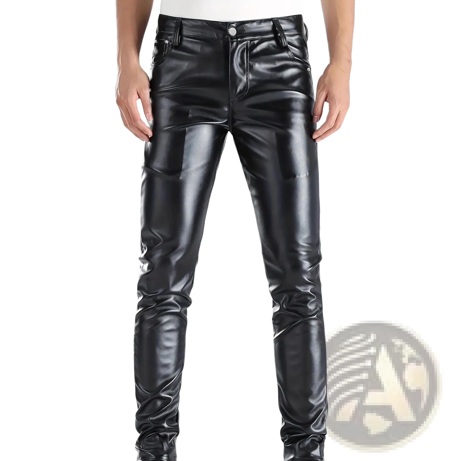 Men’s slim fit black shiny faux leather pants with metallic and matte finish and classic five-pocket design