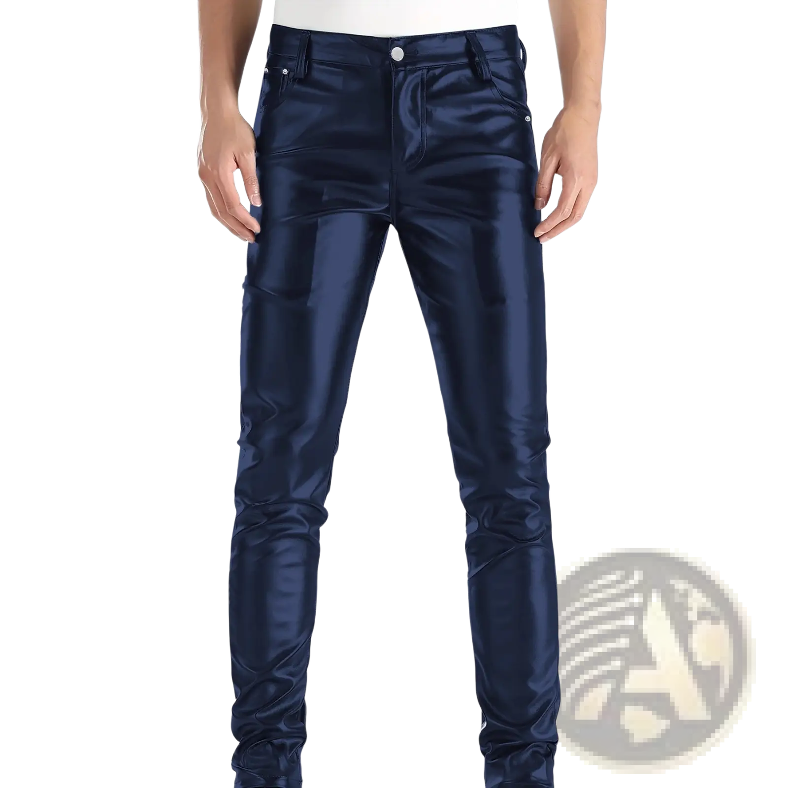 Men’s slim fit navy blue shiny faux leather jeans combining metallic and matte textures for a modern look