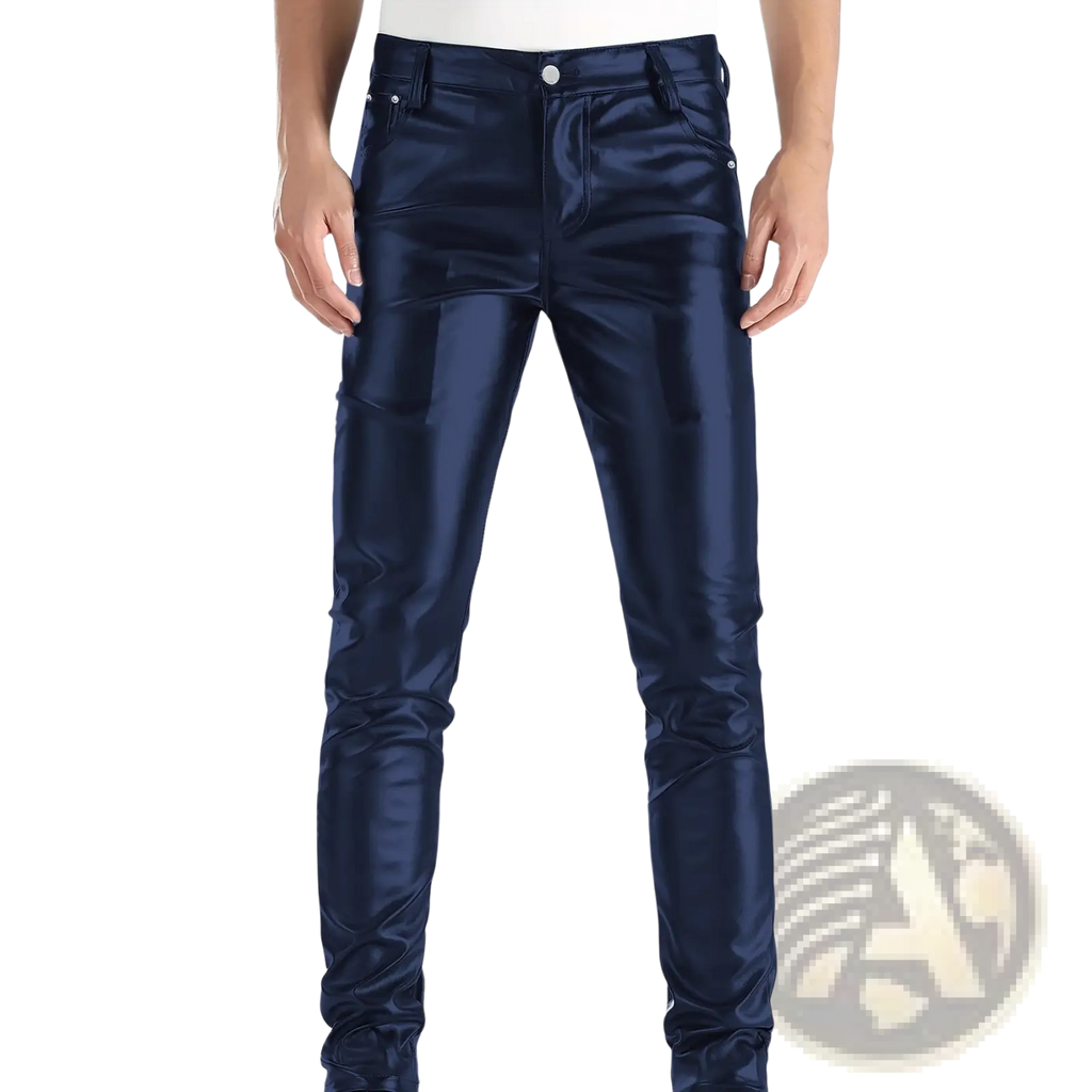 Men’s slim fit navy blue shiny faux leather jeans combining metallic and matte textures for a modern look