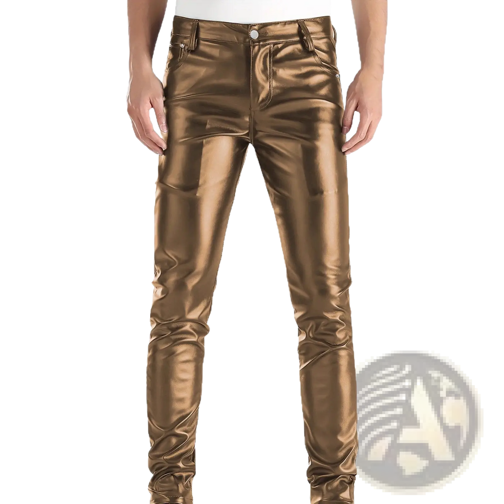 Men’s slim fit metallic and matte faux leather pants in shiny gold with a sleek reflective finish