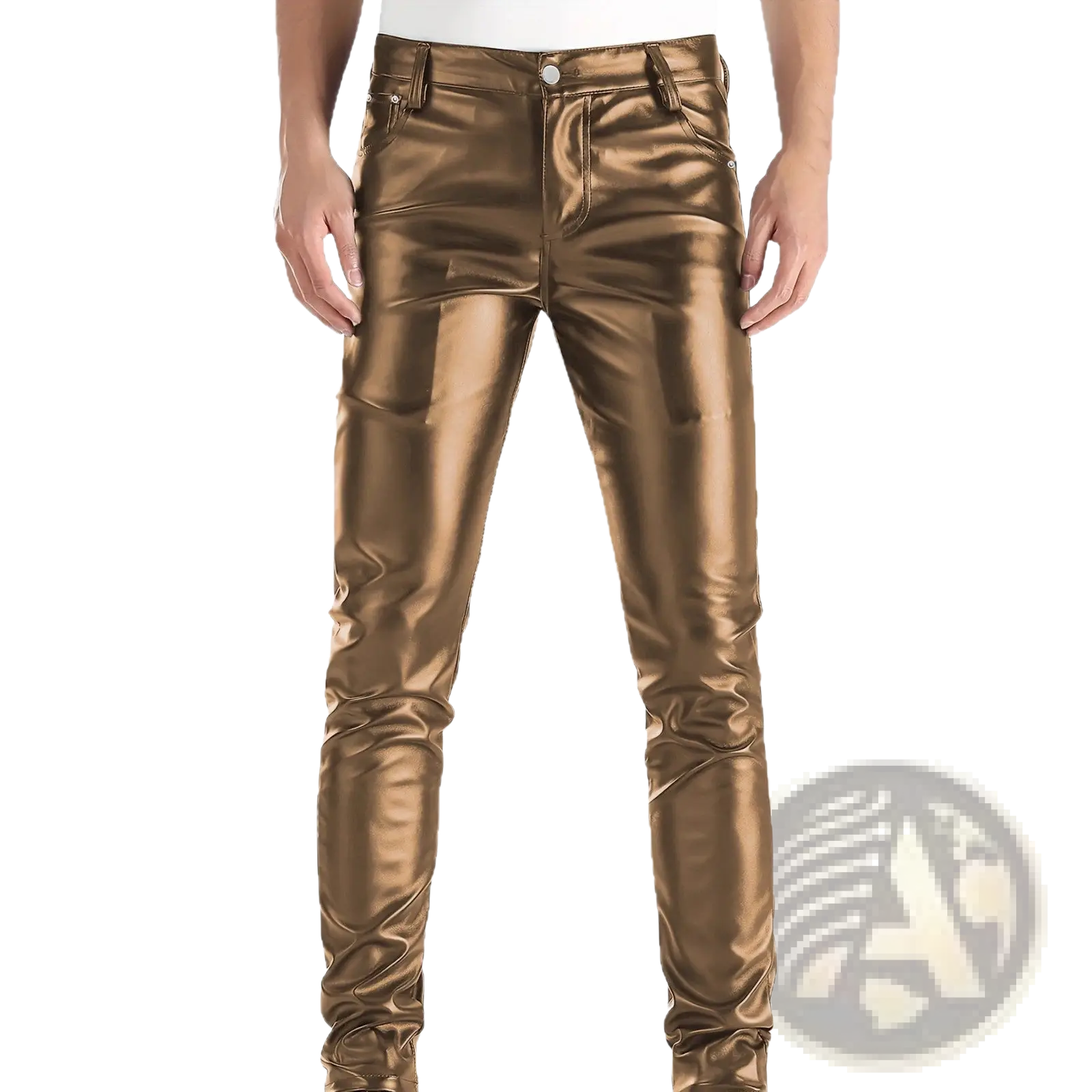 Men’s slim fit metallic and matte faux leather pants in shiny gold with a sleek reflective finish