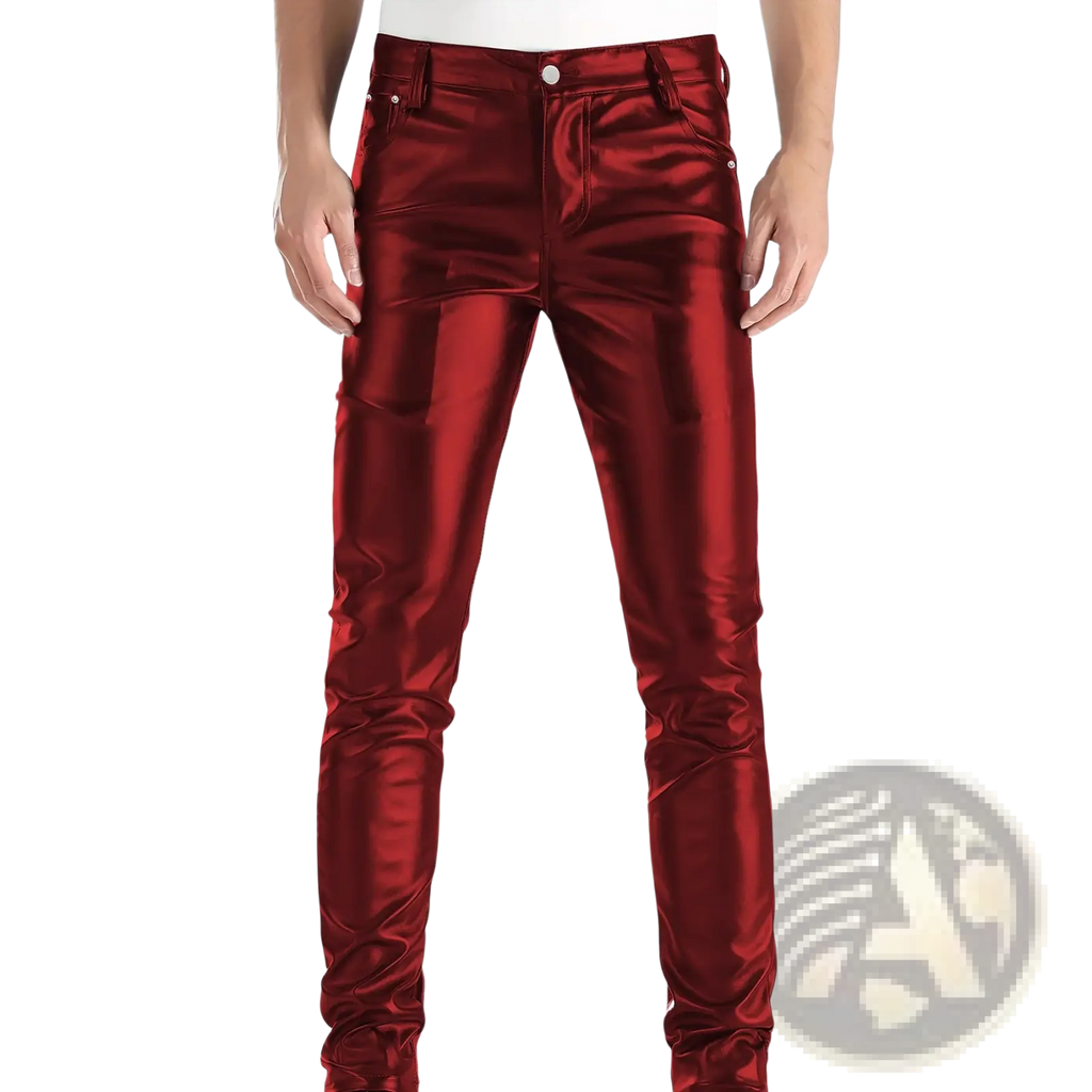 Men’s slim fit shiny red metallic faux leather skinny jeans showcasing a sleek and stylish design