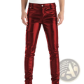 Men’s slim fit shiny red metallic faux leather skinny jeans showcasing a sleek and stylish design