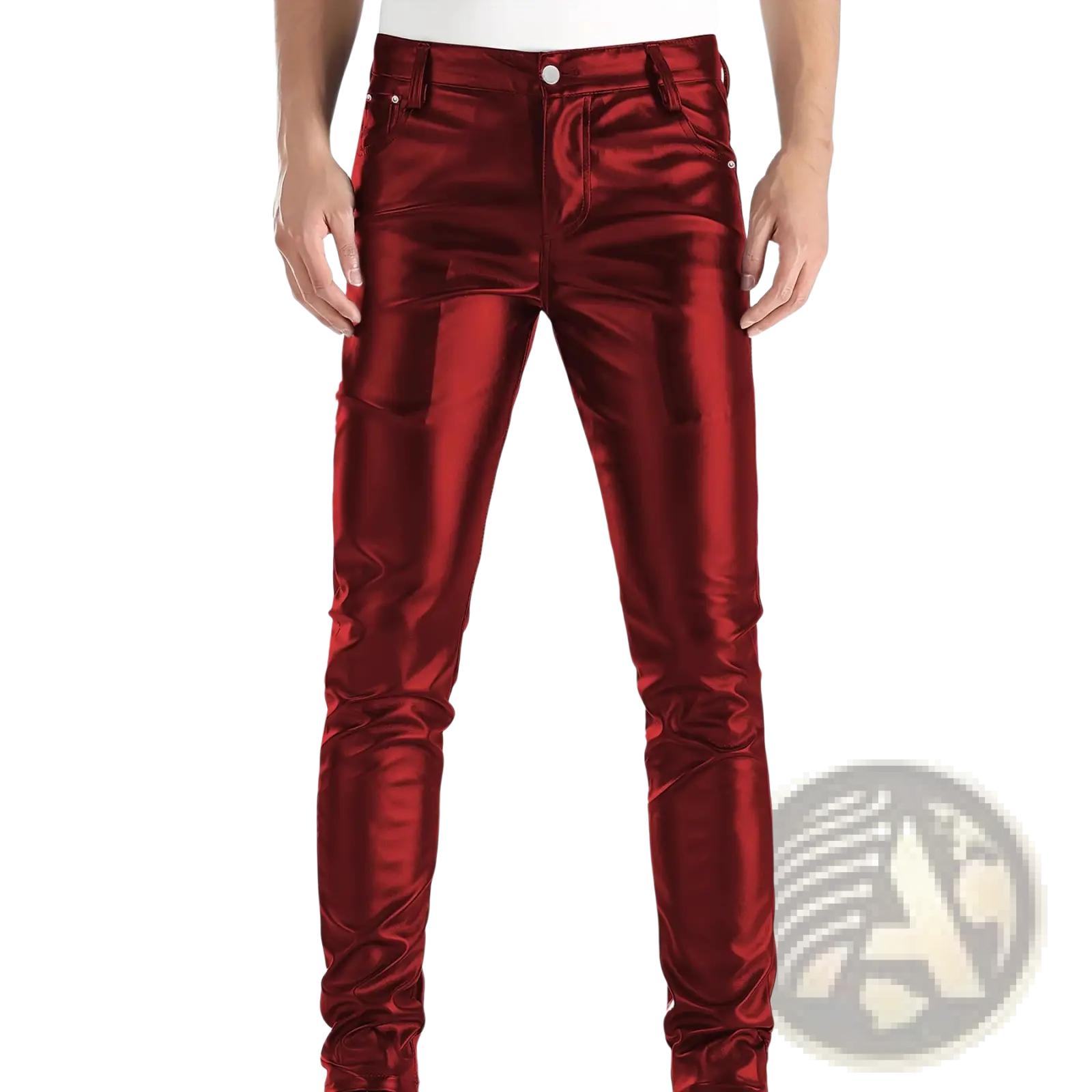 Men’s slim fit shiny red metallic faux leather skinny jeans showcasing a sleek and stylish design
