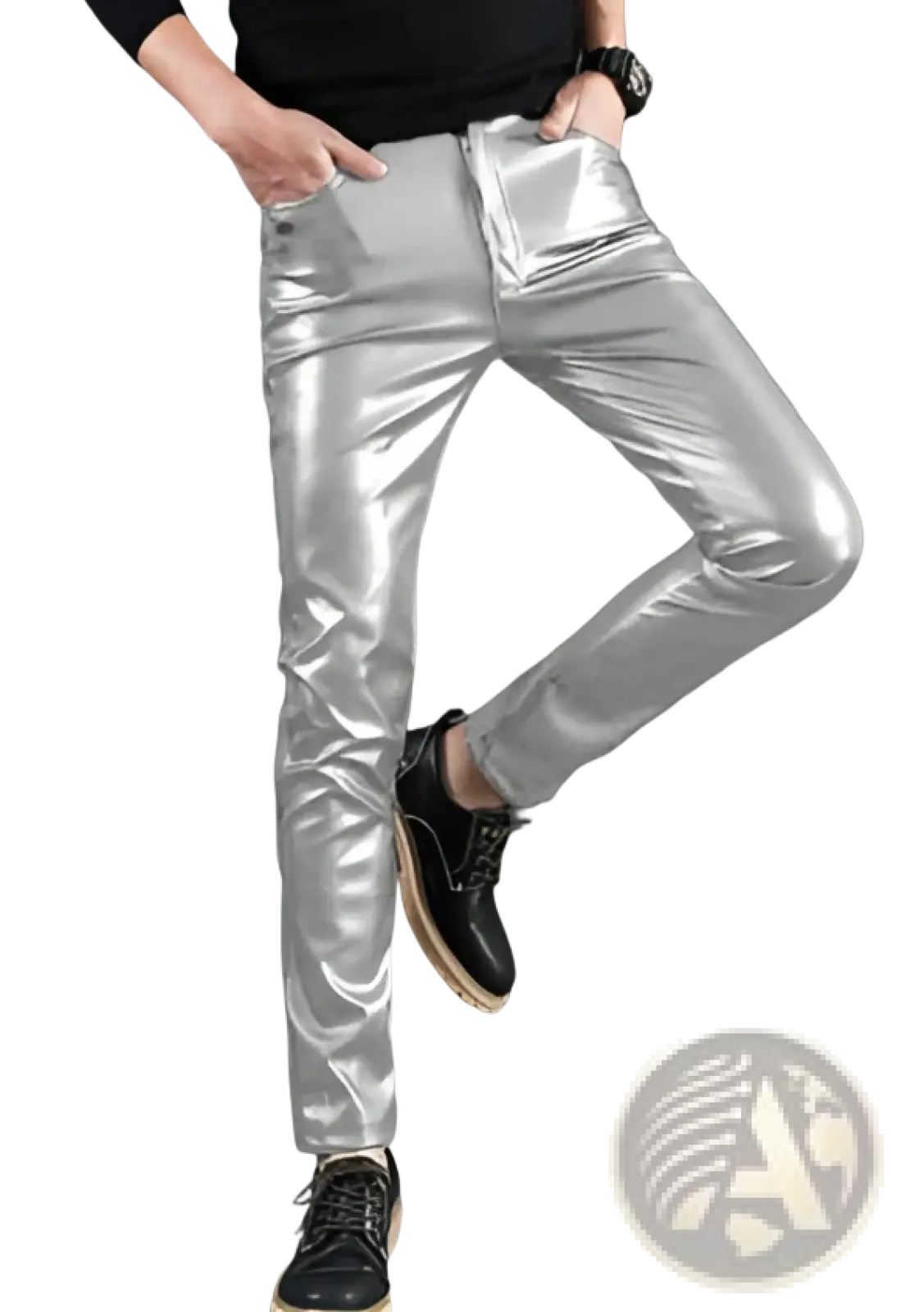 Men’s slim fit silver metallic skinny jeans with a glossy finish made from faux leather