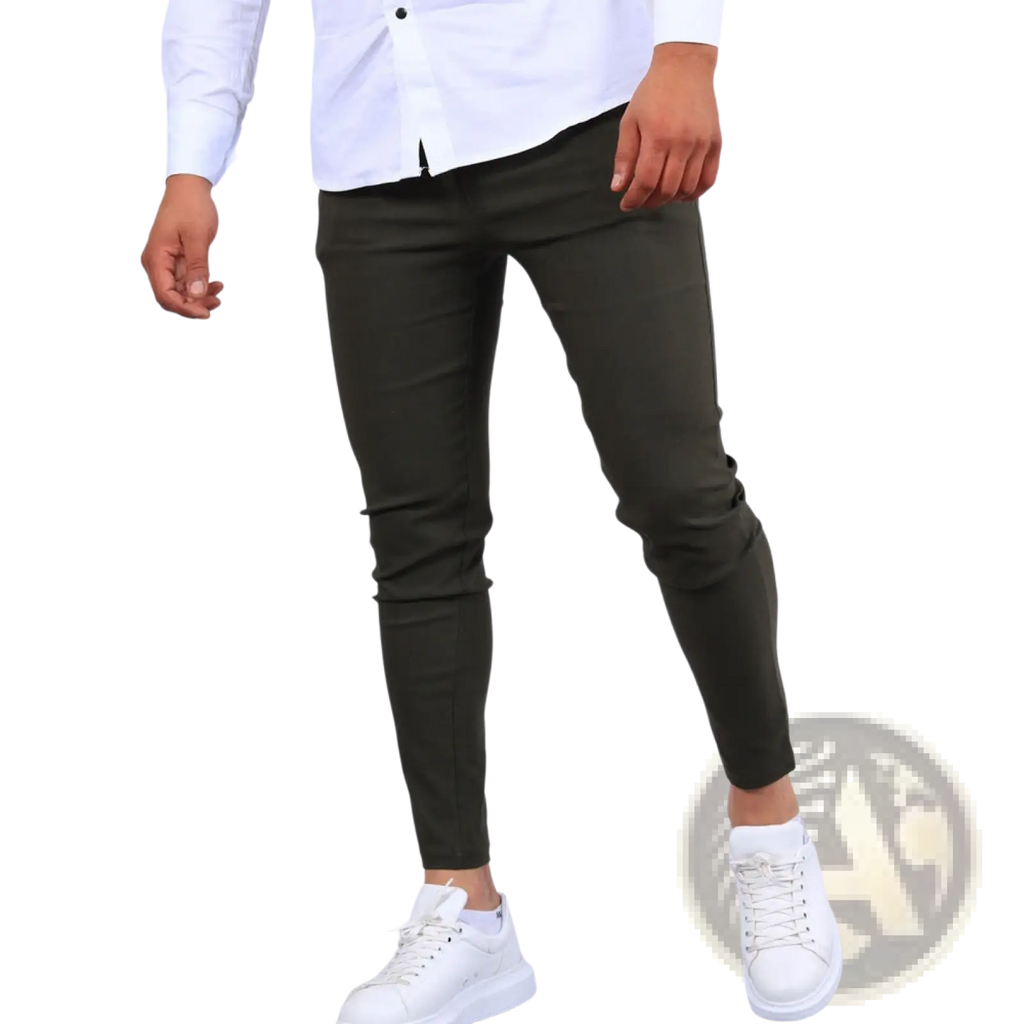 Men’s slim fit modern cotton blend pencil trousers in dark olive green with smooth tailored fabric and subtle creases