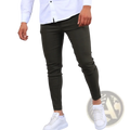 Men’s slim fit modern cotton blend pencil trousers in dark olive green with smooth tailored fabric and subtle creases
