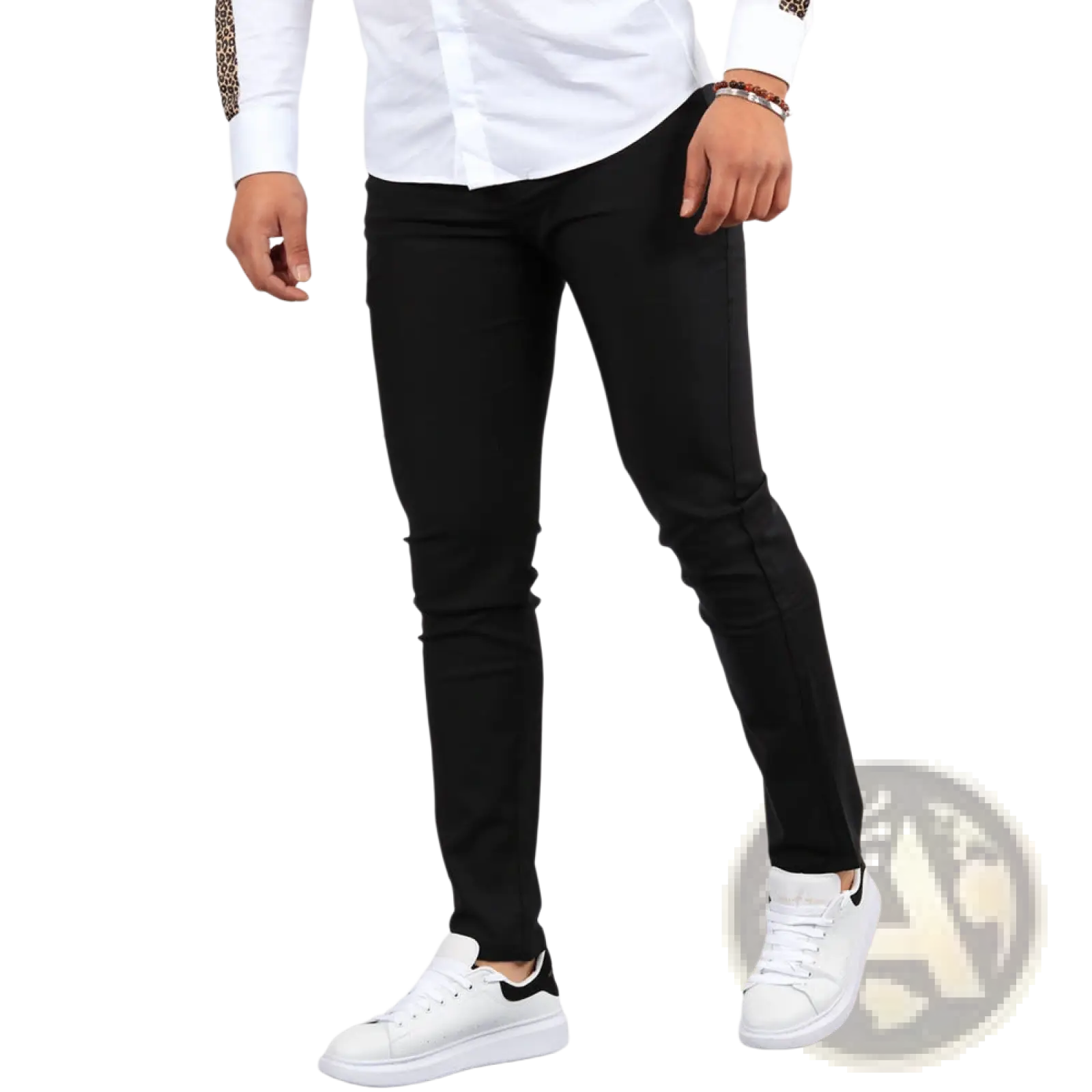 Men’s black slim fit modern cotton blend pencil trousers with sleek cut and subtle stitching details