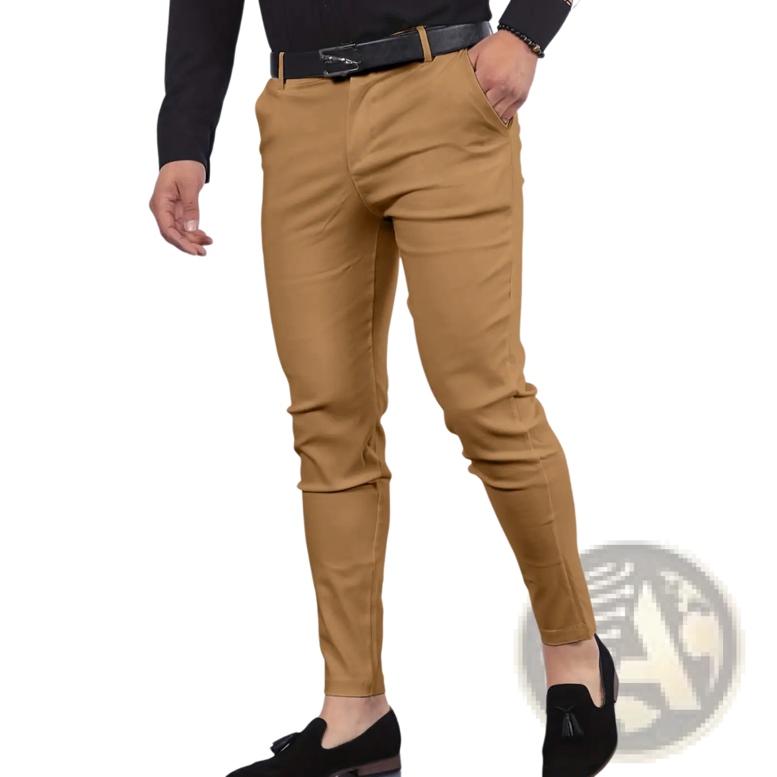 Men’s tan slim fit modern cotton blend pencil trousers with smooth fabric finish and classic tapered legs