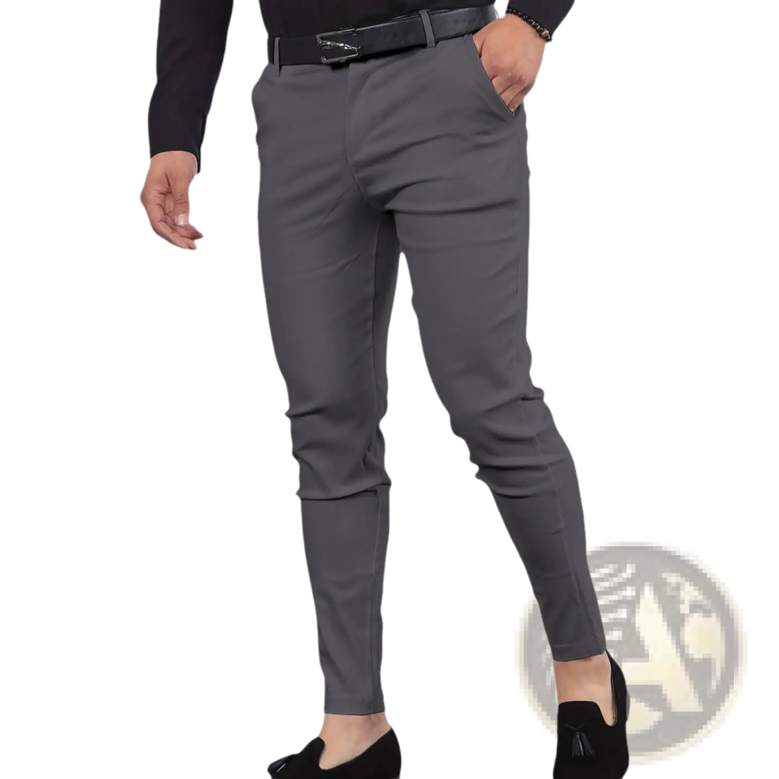 Men’s slim fit modern cotton blend gray pencil trousers with smooth tailored fabric and subtle thigh crease