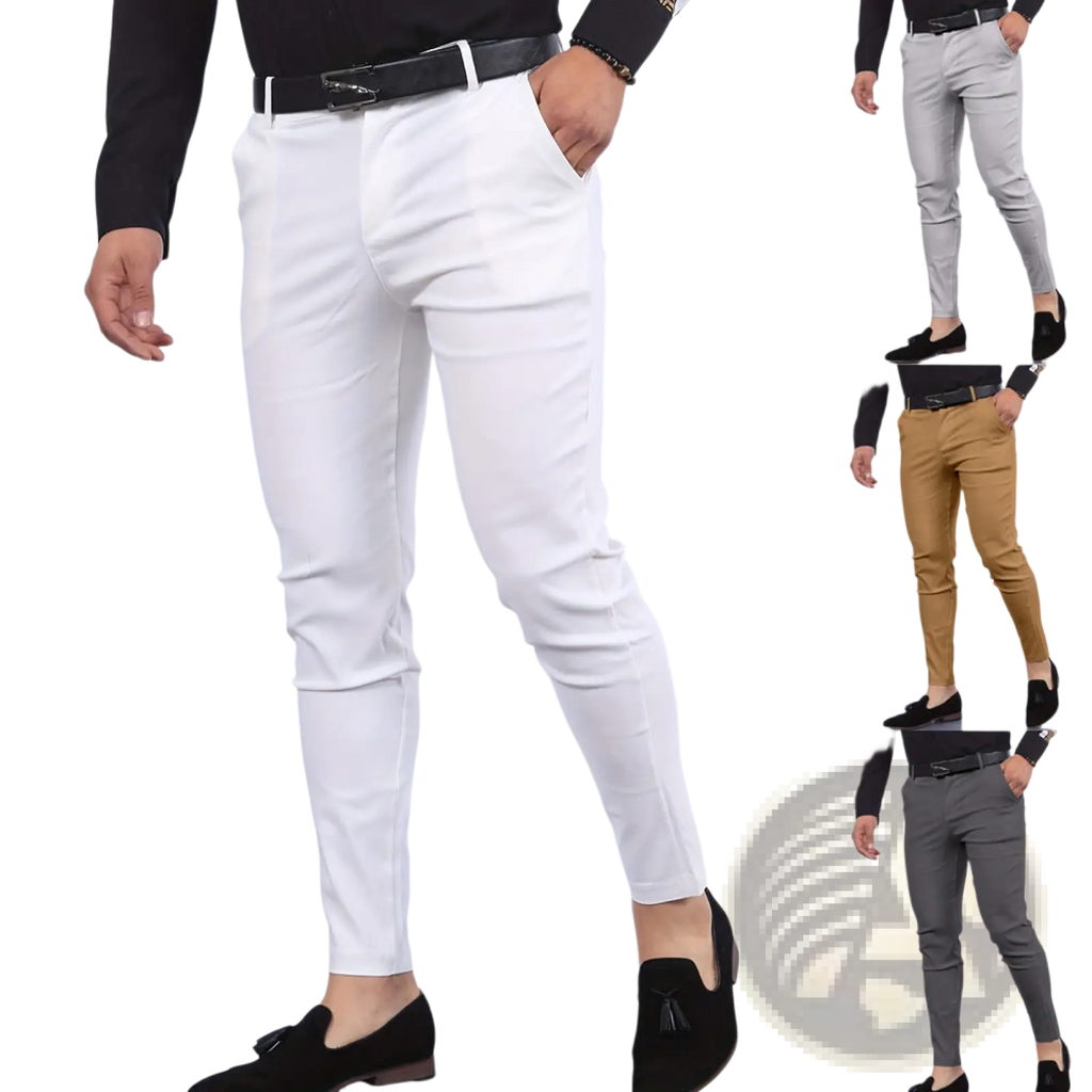 Men’s white slim fit modern cotton blend pencil trousers with sleek design and subtle creases for stylish wear