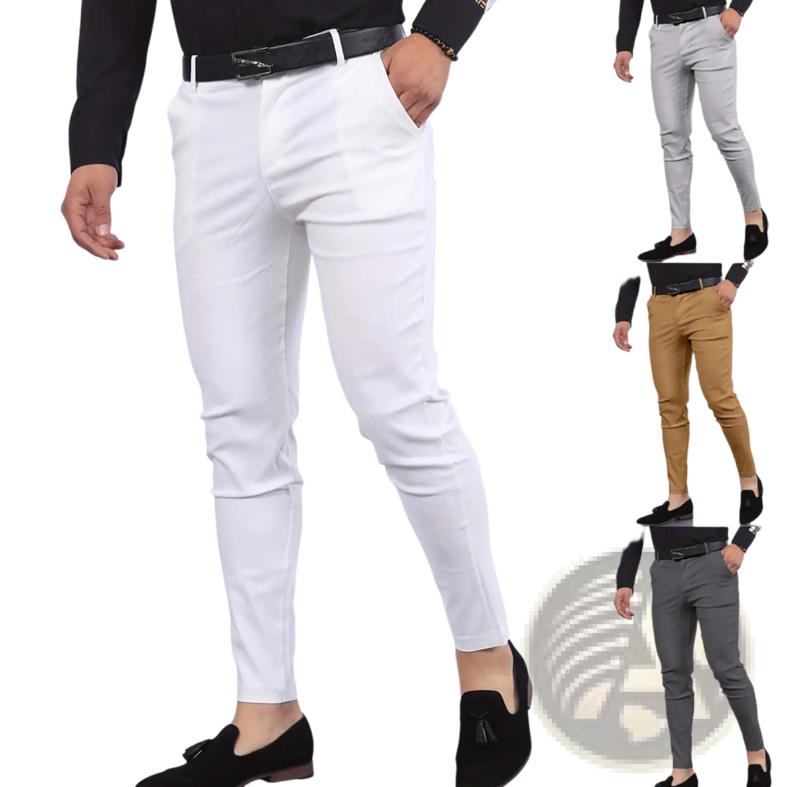 Men’s white slim fit modern cotton blend pencil trousers with sleek design and subtle creases for stylish wear
