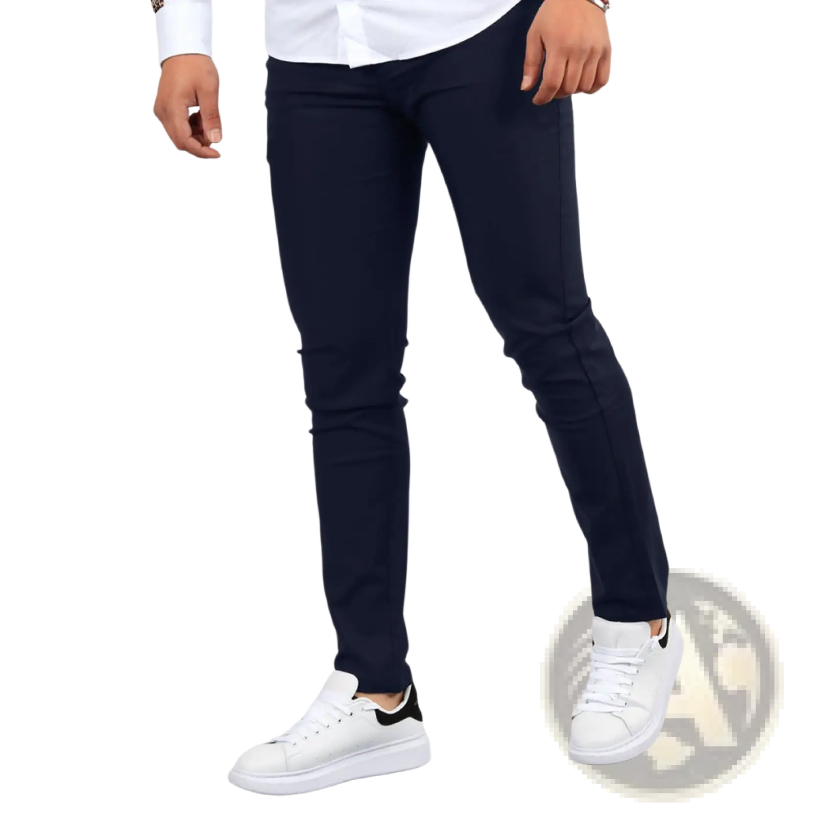 Men’s navy blue slim fit modern cotton blend pencil trousers showcasing a sleek and tailored design