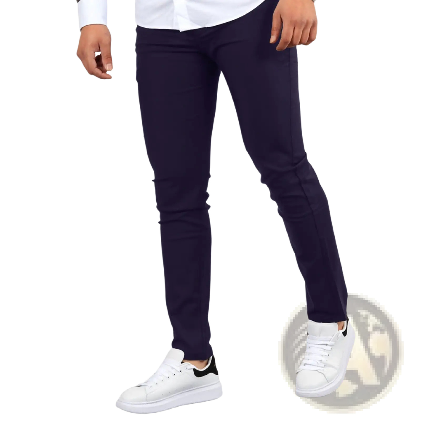 Men’s dark navy slim fit modern cotton blend pencil trousers with smooth tailored fabric and subtle stitching details