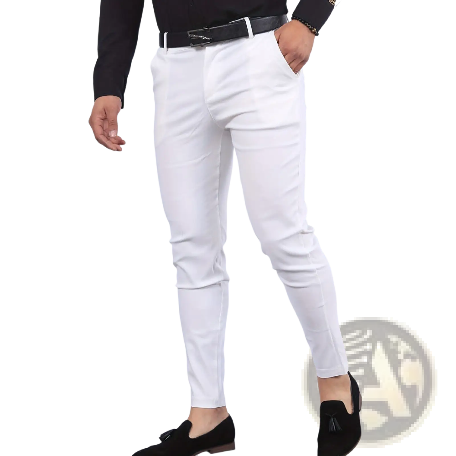 White men’s slim fit modern cotton blend pencil trousers with tailored design and subtle creases