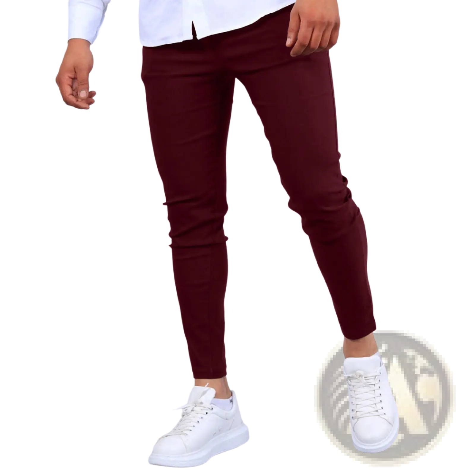 Men’s slim fit modern cotton blend pencil trousers in crisp burgundy with smooth tailored fabric and clean stitching