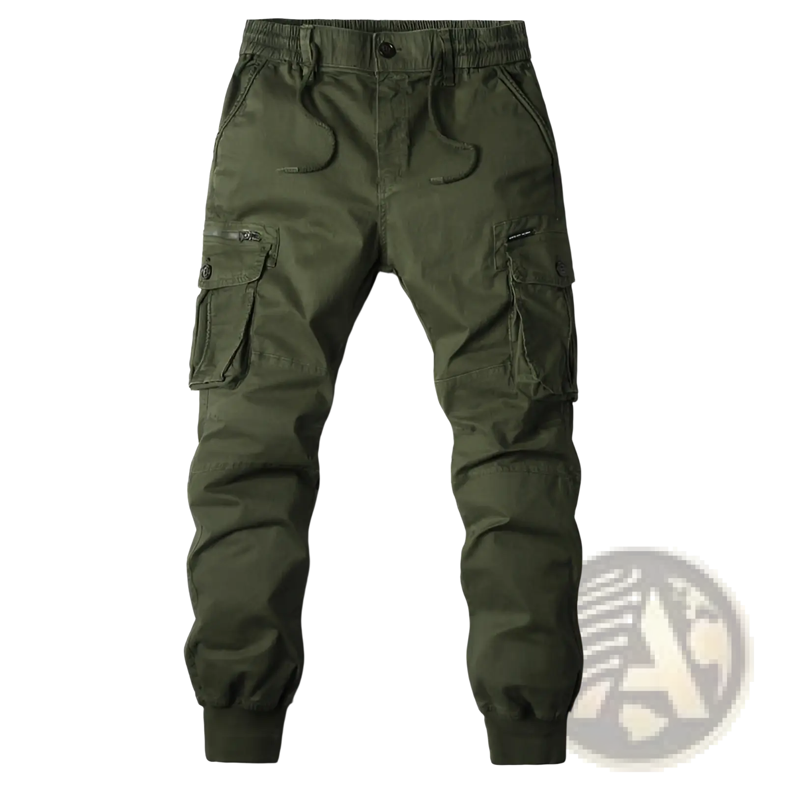 Men’s slim fit olive green cotton cargo work pants with multiple pockets and a drawstring waistband
