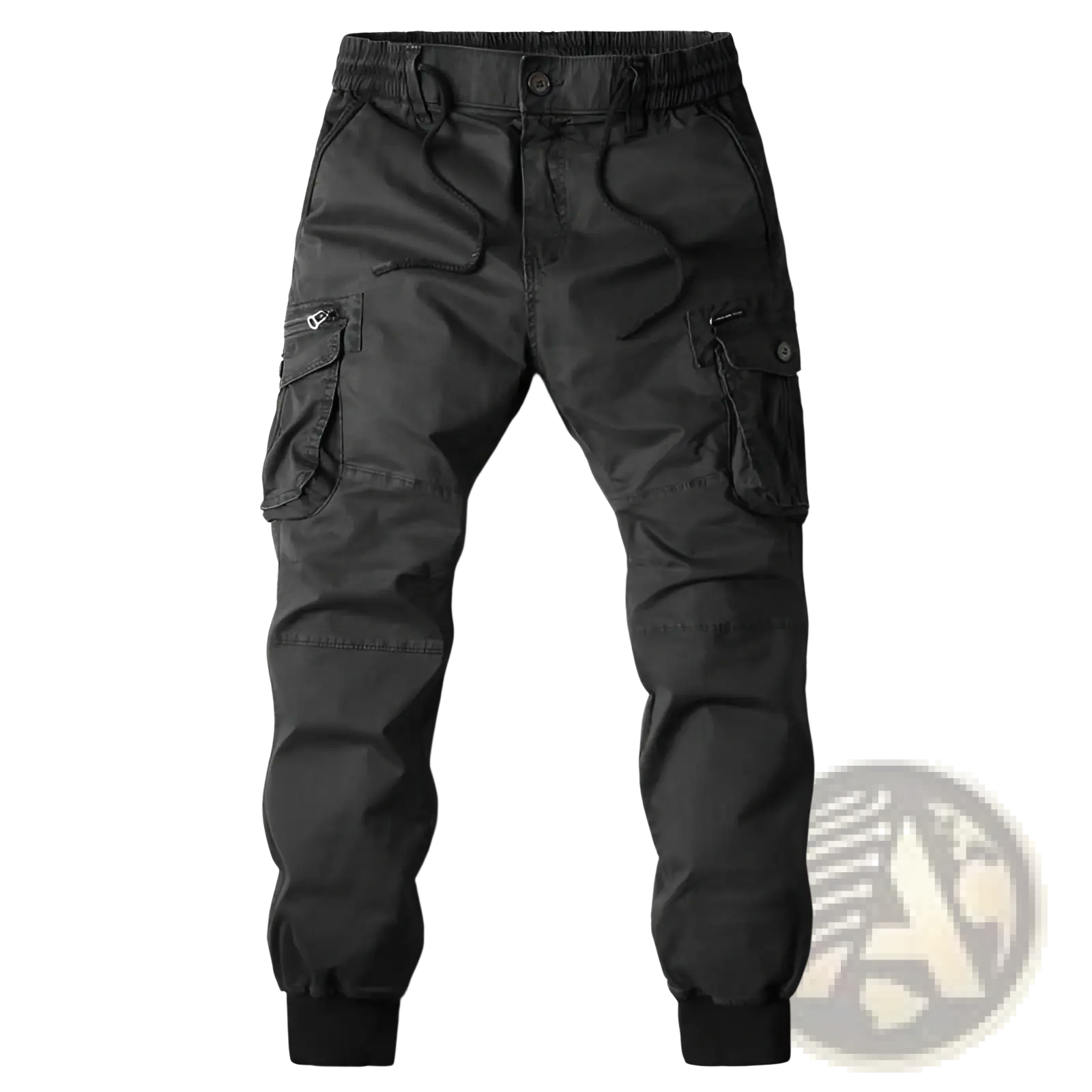 Men’s slim fit black cotton cargo work pants with multiple pockets and elastic waistband front view