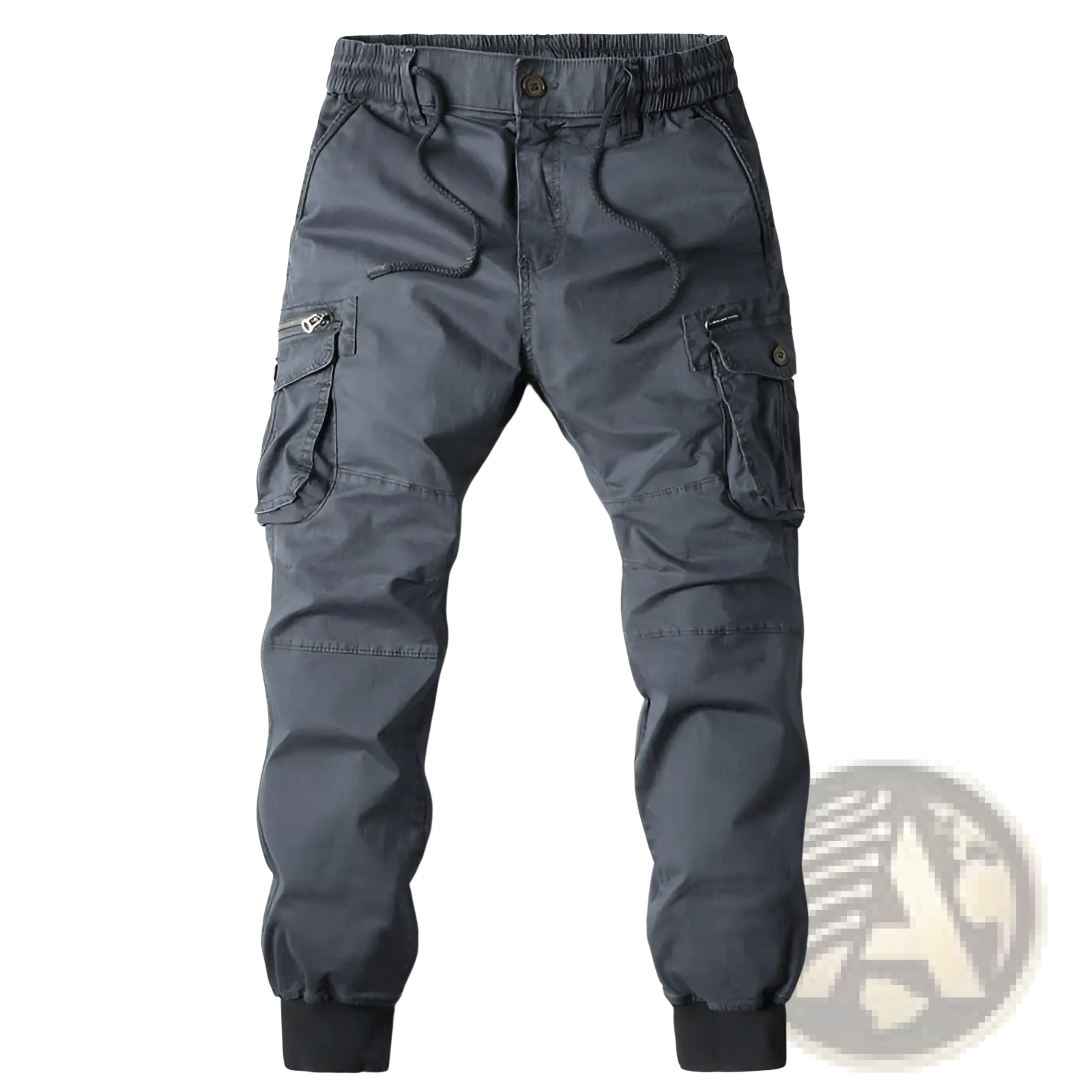 Men’s slim fit dark gray cotton cargo work pants with multiple pockets and elastic waistband