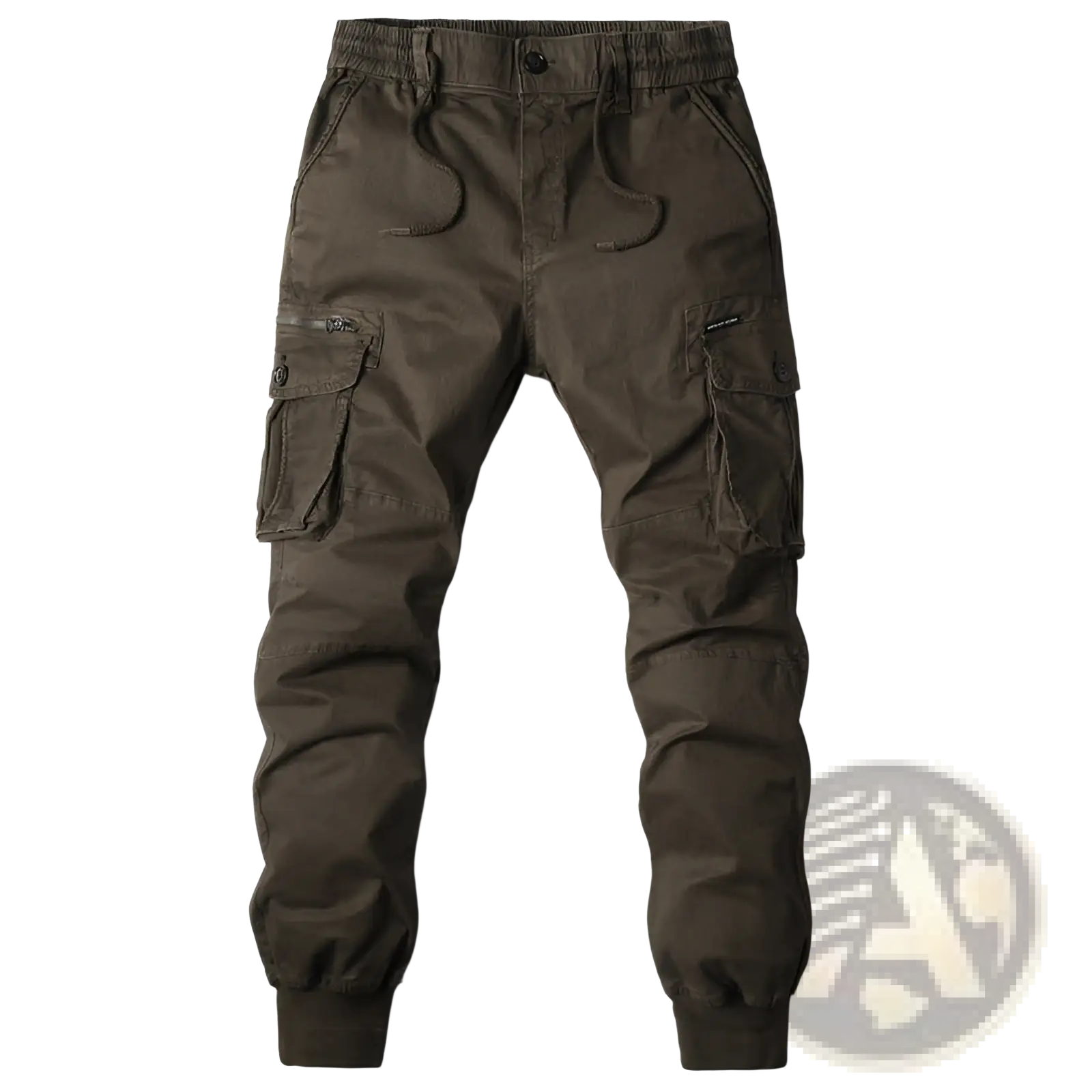 Men’s slim fit dark olive cotton cargo work pants with multiple pockets and elastic waistband