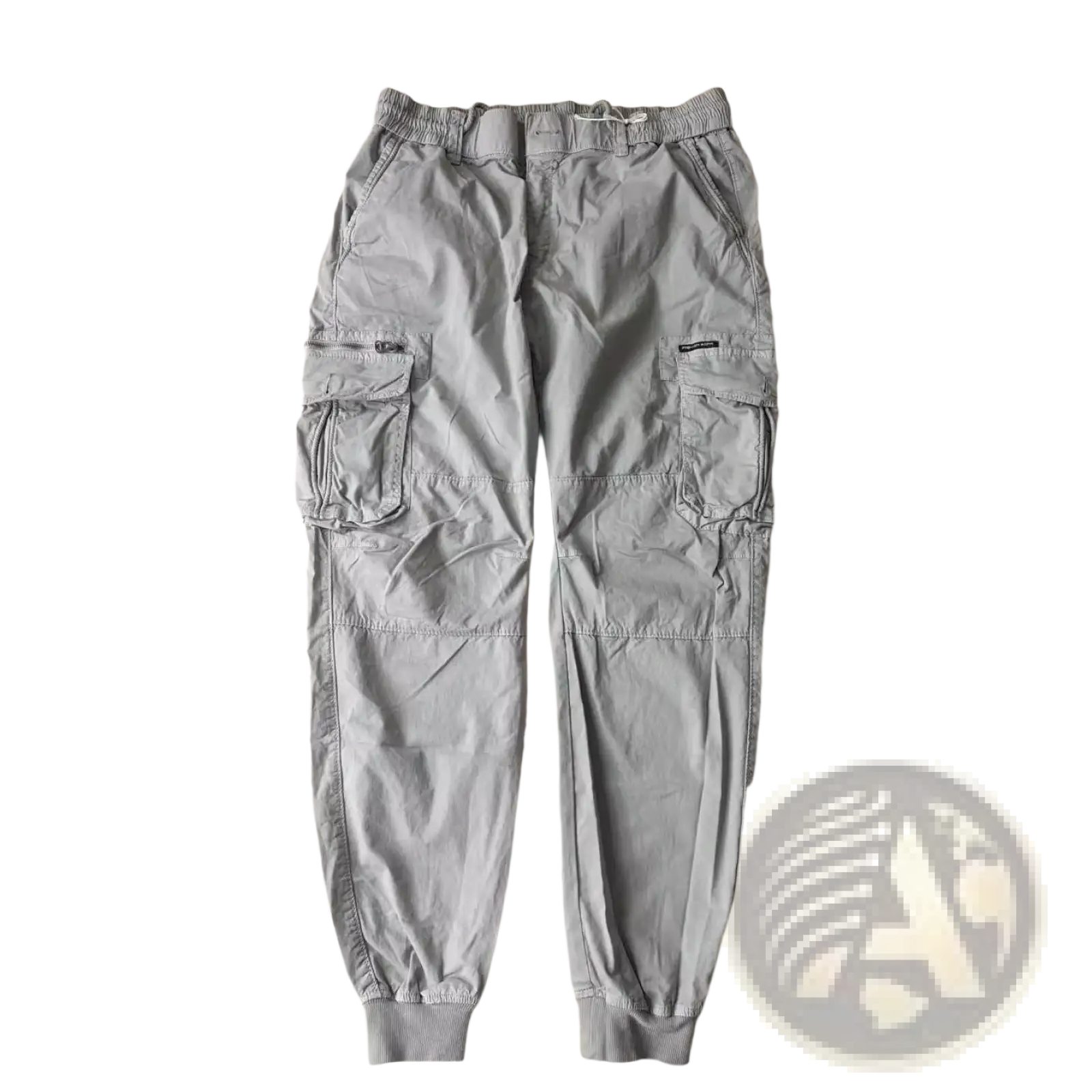 Men’s slim fit light gray cotton cargo work pants with multiple pockets and elastic cuffs
