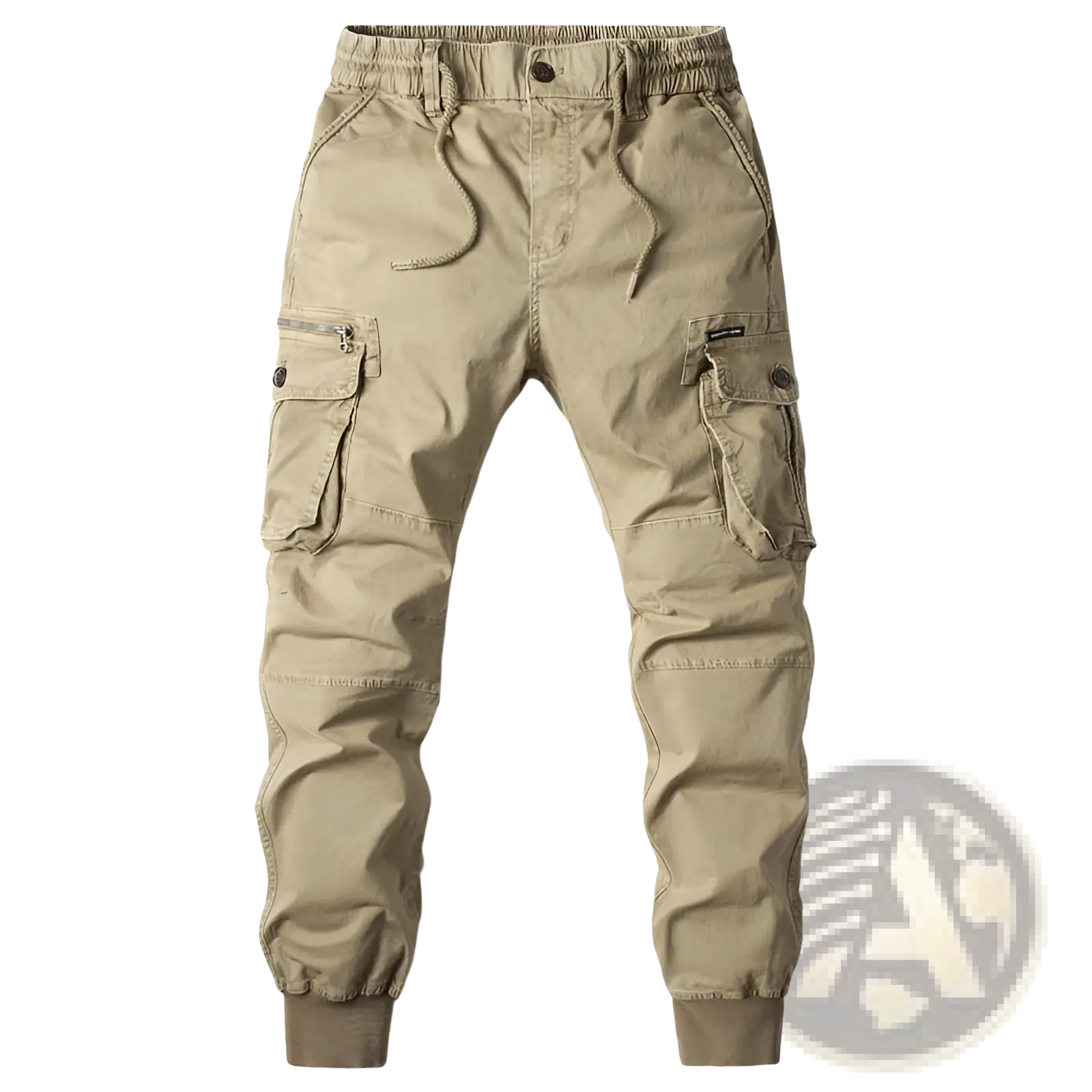 Men’s slim fit khaki cotton cargo work pants with multiple pockets and elastic waistband for comfort