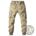 Men’s slim fit khaki cotton cargo work pants with multiple pockets and elastic waistband for comfort and utility