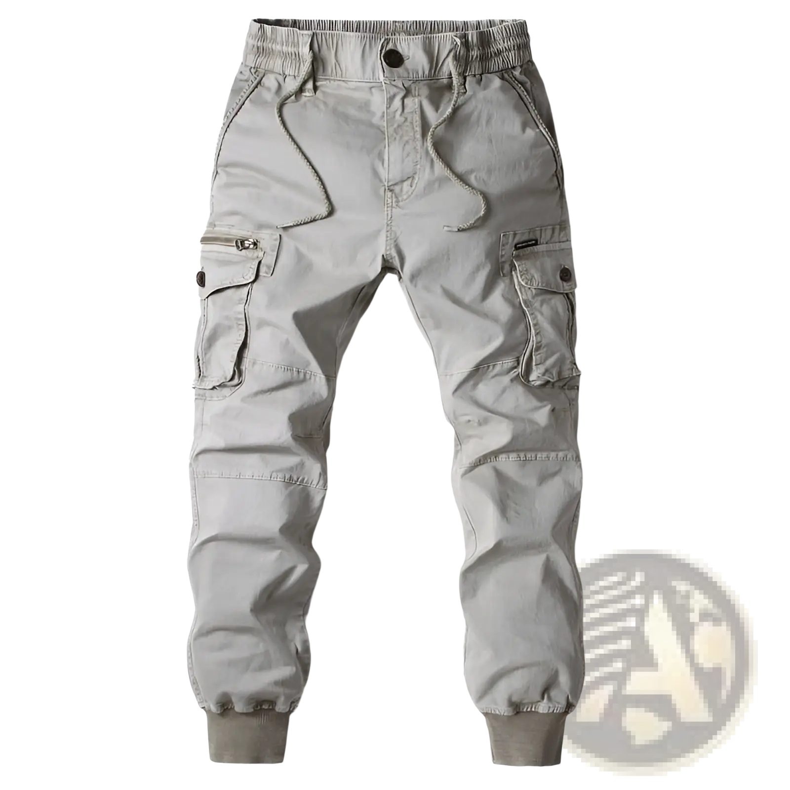 Men’s slim fit gray cotton cargo work pants with multiple pockets and a drawstring waistband