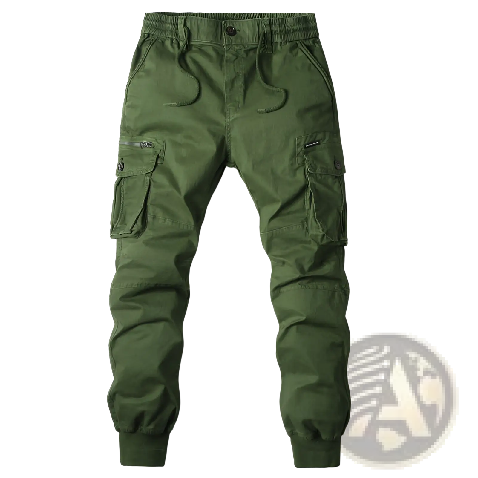 Men’s slim fit olive green cotton cargo work pants with multiple pockets and elastic waistband