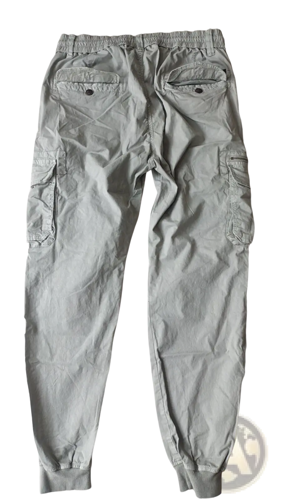 Men’s slim fit light gray cotton cargo work pants with multiple pockets and elastic cuffs