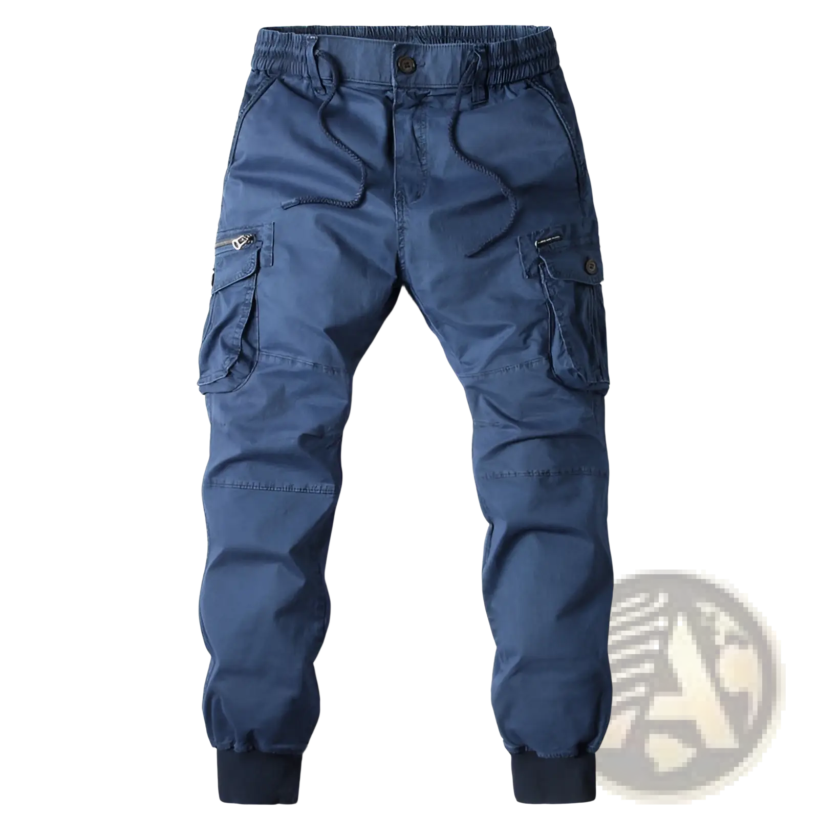 Men’s slim fit navy blue cotton cargo work pants with elastic waistband, drawstrings, multiple pockets, and ribbed cuffs