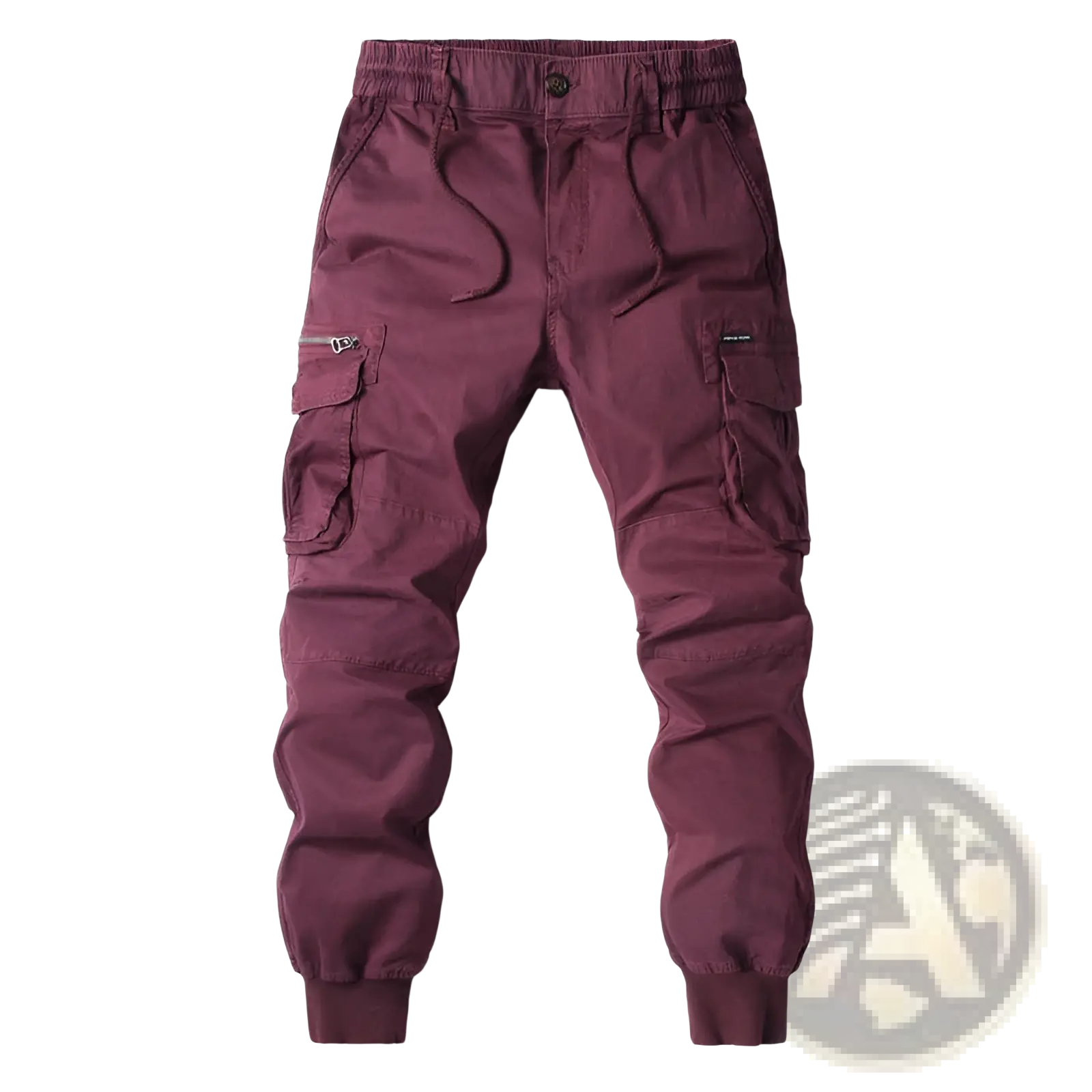 Men’s slim fit maroon cotton cargo work pants with multiple pockets and elastic cuffs front view